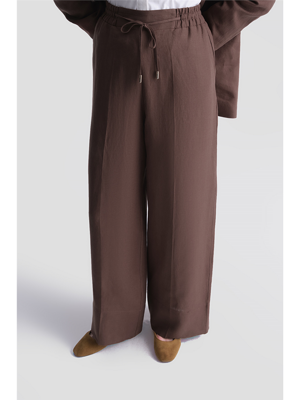Keten Blazer Ceket Takım Kahverengi-5