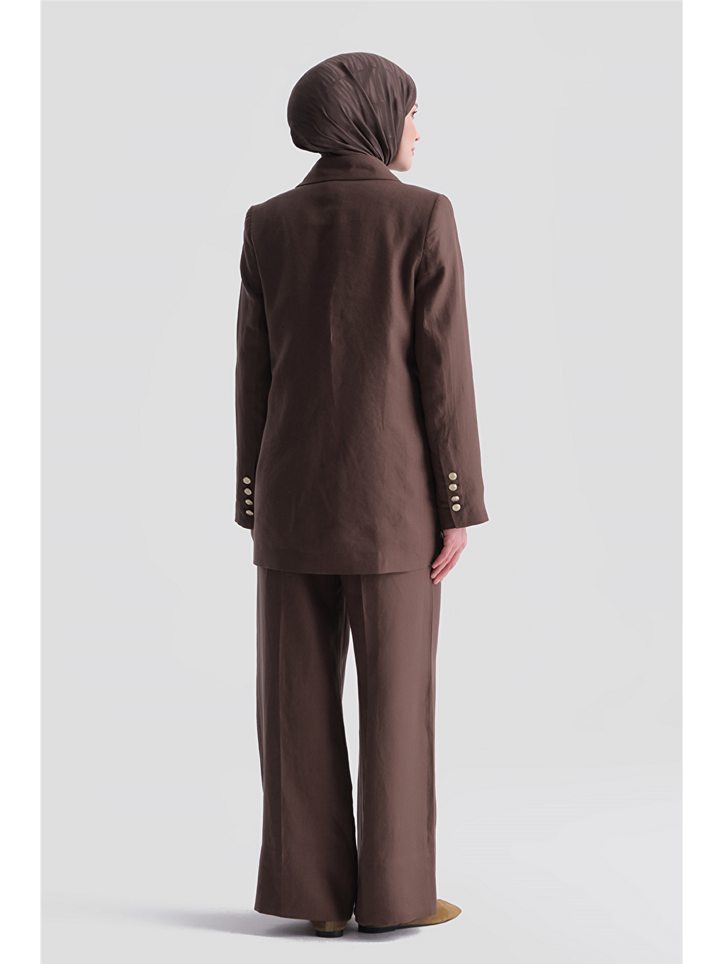 Keten Blazer Ceket Takım Kahverengi-6