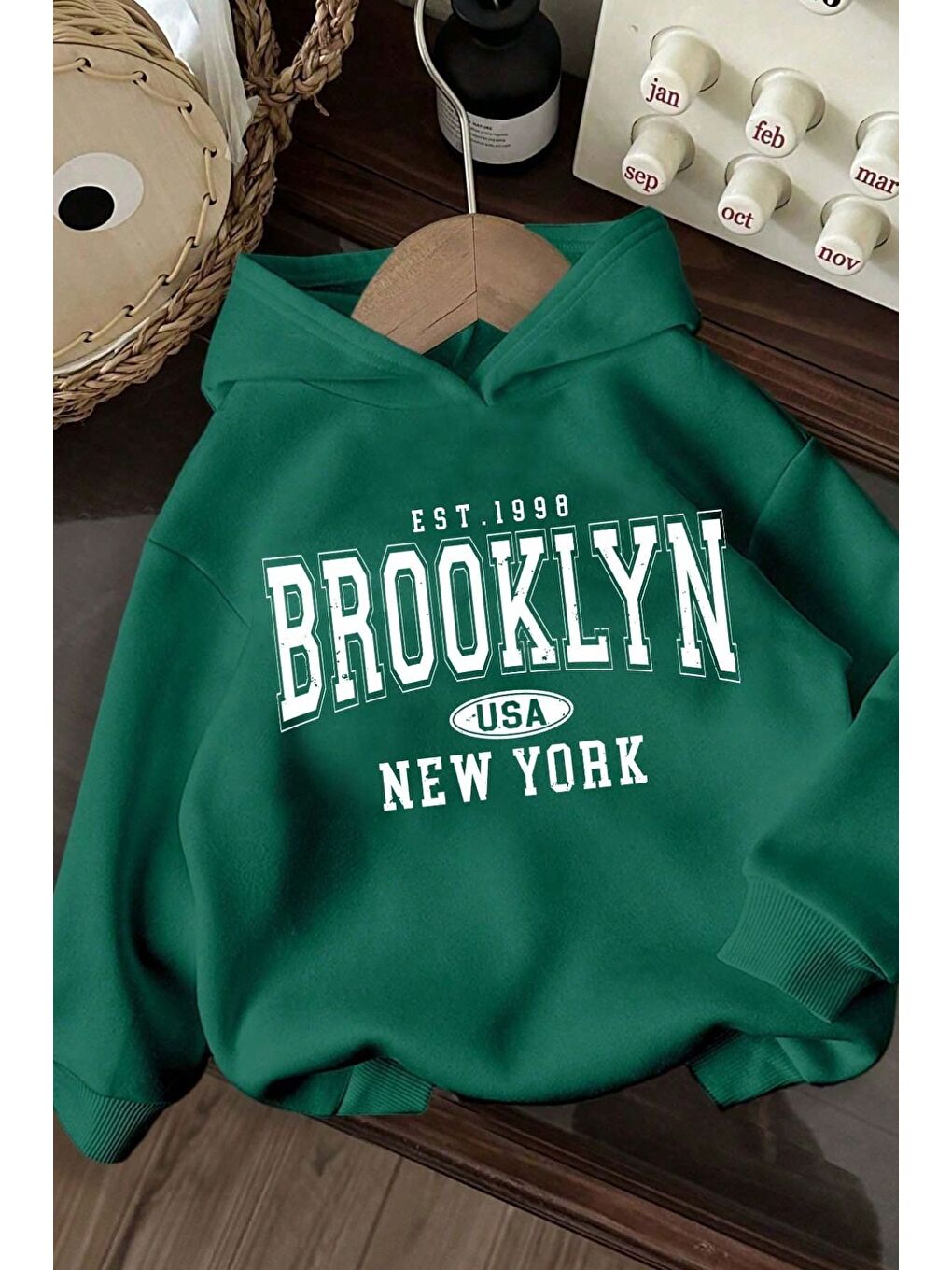 Trendseninle Unisex Nefti Yeşil Oversize Brooklyn Usa Newyork Baskılı Kapüşonlu Sweatshirt Hoodie