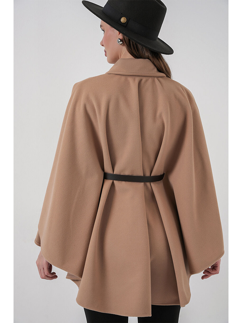 Sarı Kadın Kemerli Kaşe Panço 9170 - Camel-4