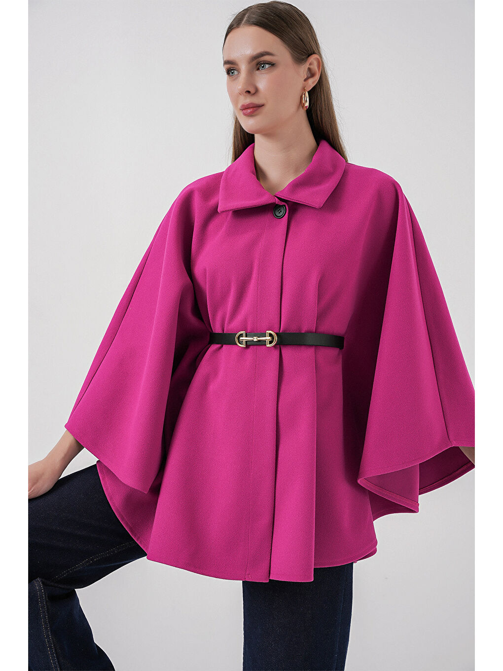 Petrol Kadın Kemerli Kaşe Panço 9170 - Koyu Pembe-1