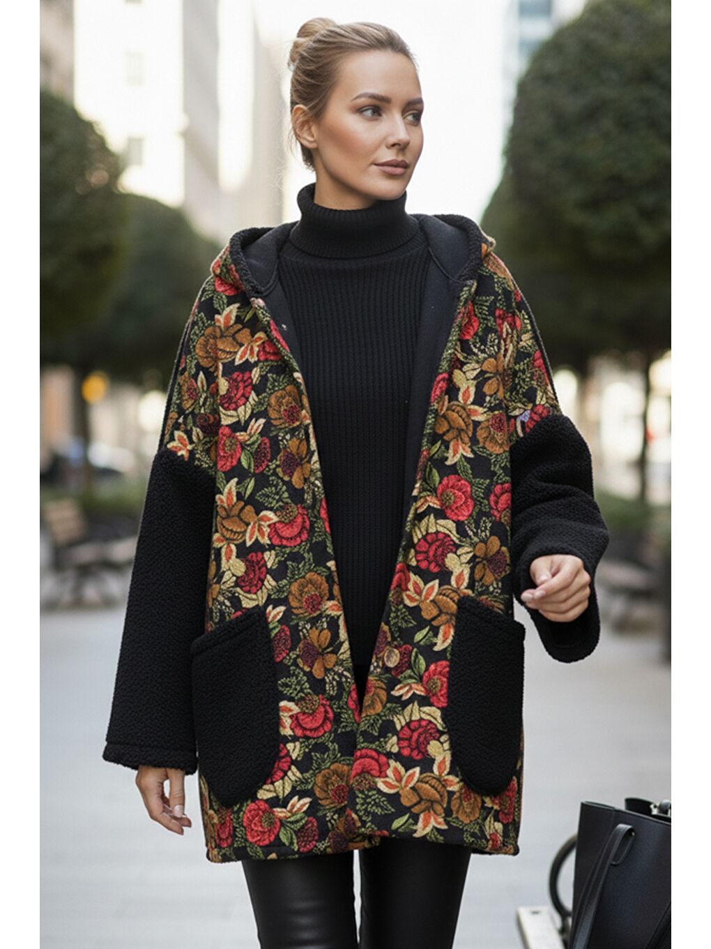 İtalyan Siyah Uzun Kol Cepli Kapüşonlu Casual Buklet Oversize Dokuma Ceket 78 70-1