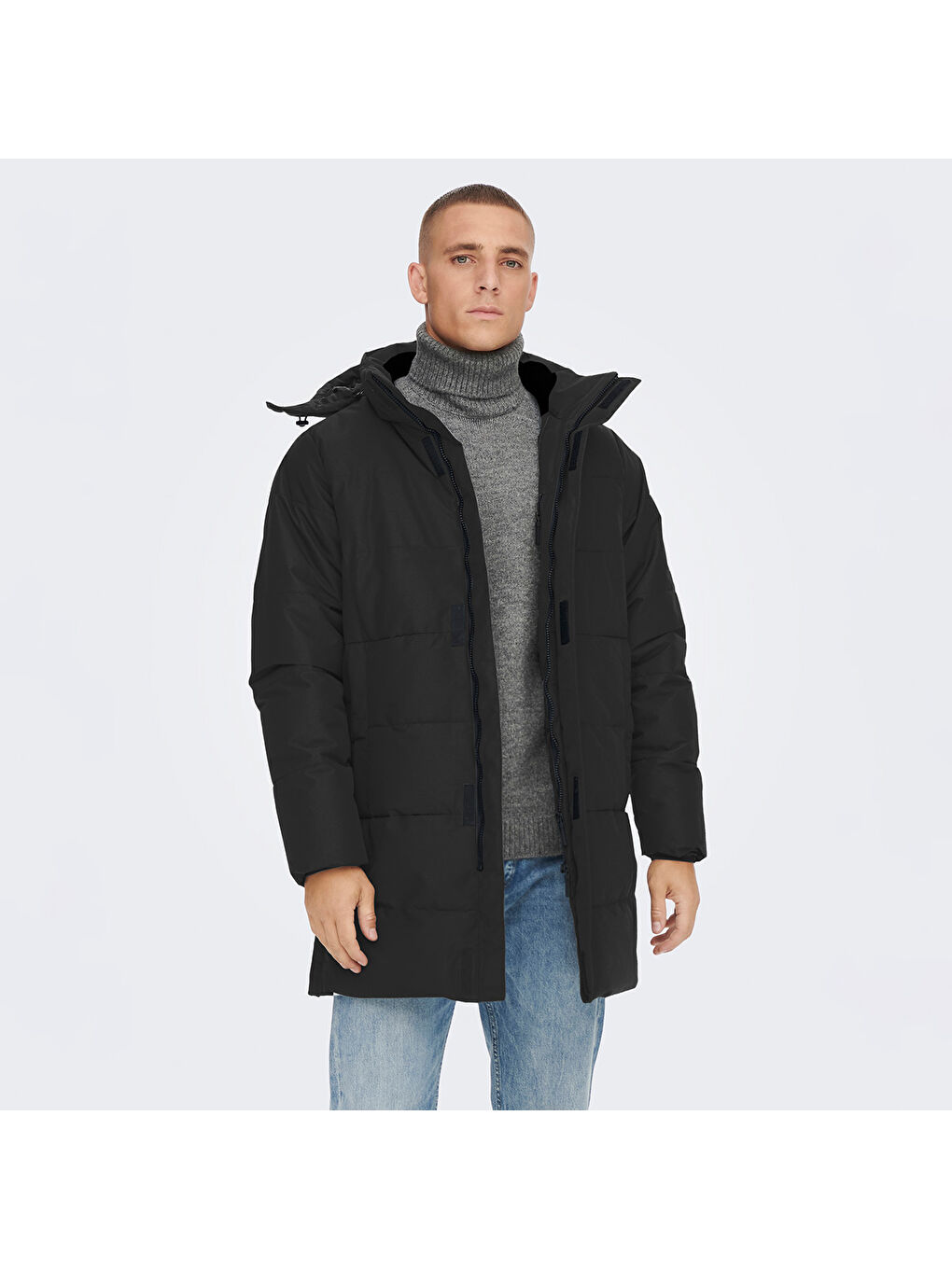 Only&Sons Carl Life Long Quilted Coat Erkek Siyah Kapüşonlu Mont