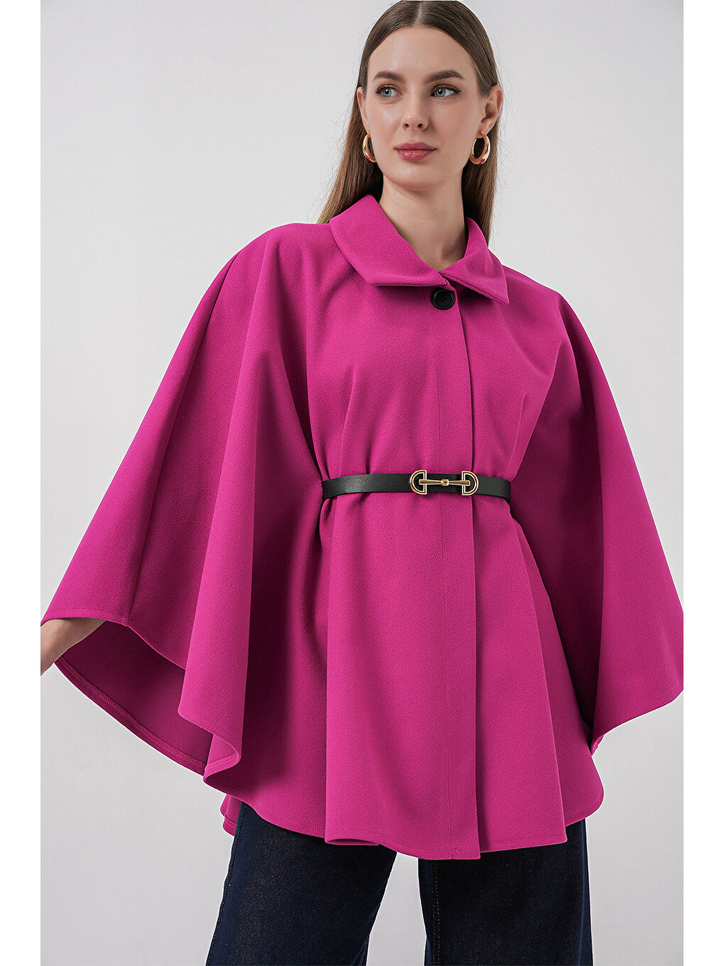 Petrol Kadın Kemerli Kaşe Panço 9170 - Koyu Pembe-2