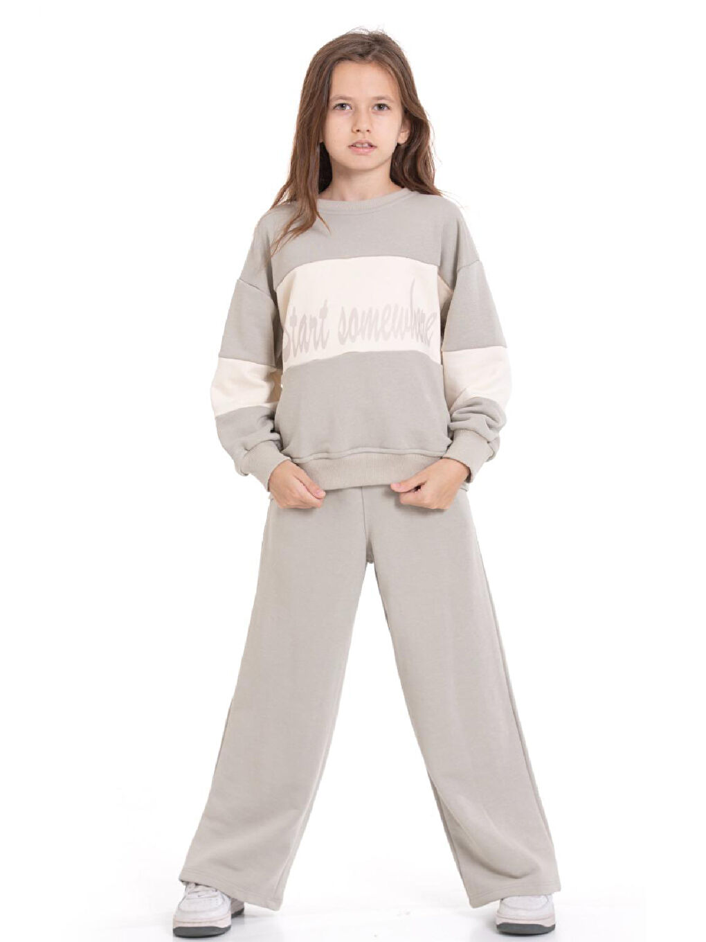 Gri Kız Çocuk 3 İplik ve Şardonsuz Eşofman Takımı 5-9 Yaş 12487-1