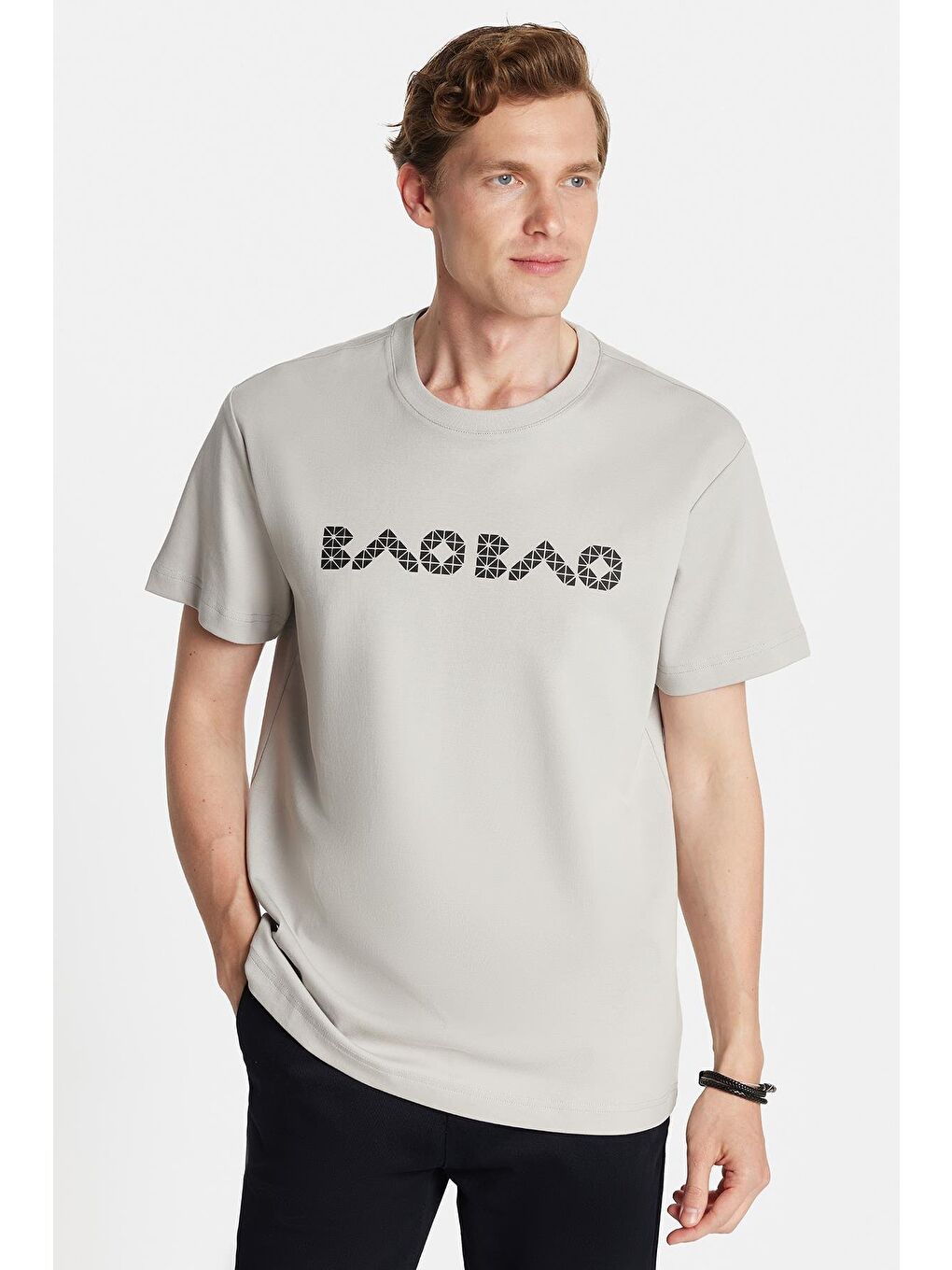 Bej Relax Fit Rahat Kesim Pamuklu Ön Ve Arka Baskı Detaylı Bisiklet Yaka Taş Erkek Tişört-1