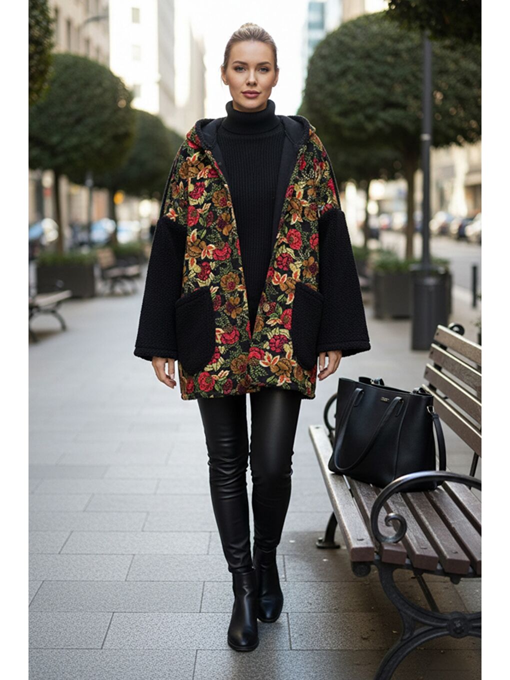 İtalyan Siyah Uzun Kol Cepli Kapüşonlu Casual Buklet Oversize Dokuma Ceket 78 70-2