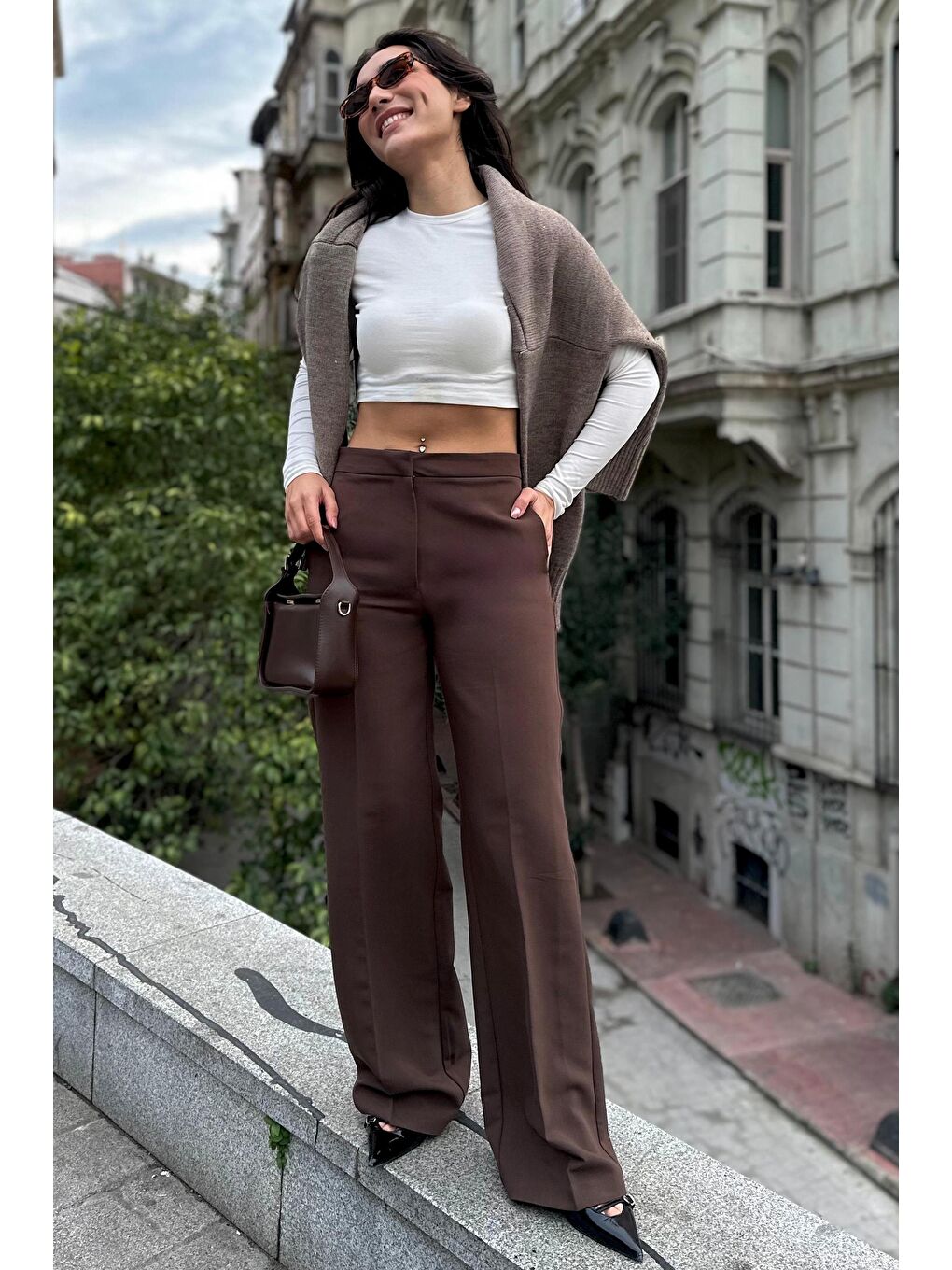 Kahverengi Yüksek Bel Kumaş Pantolon Mg2284