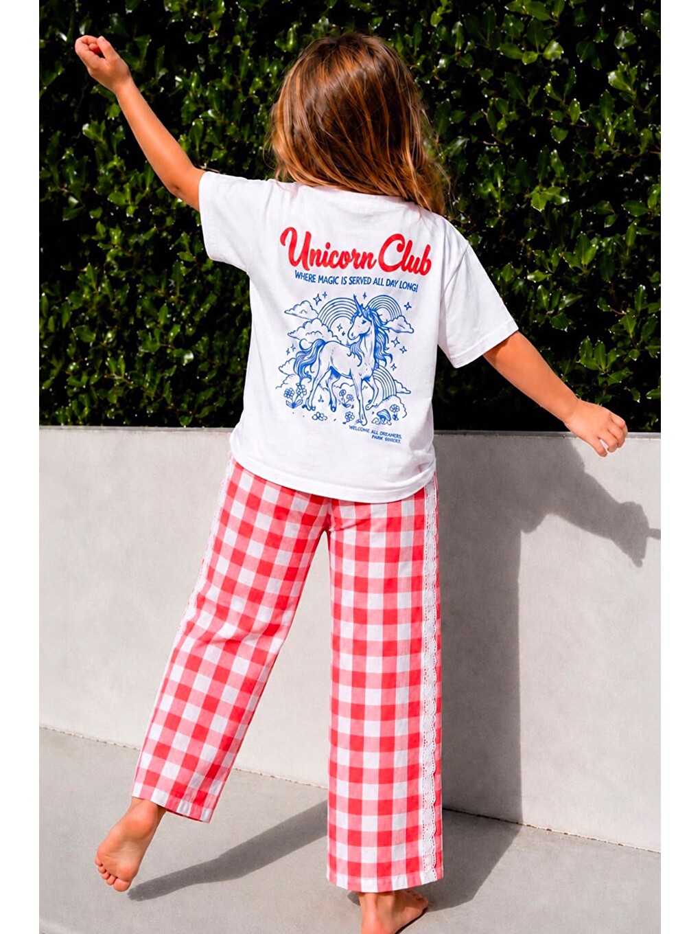 Ekru Kız Çocuk Pamuklu Baskılı T-Shirt Ve Kırmızı Kareli Dantel Detaylı Pantolon Alt Üst Takım-2