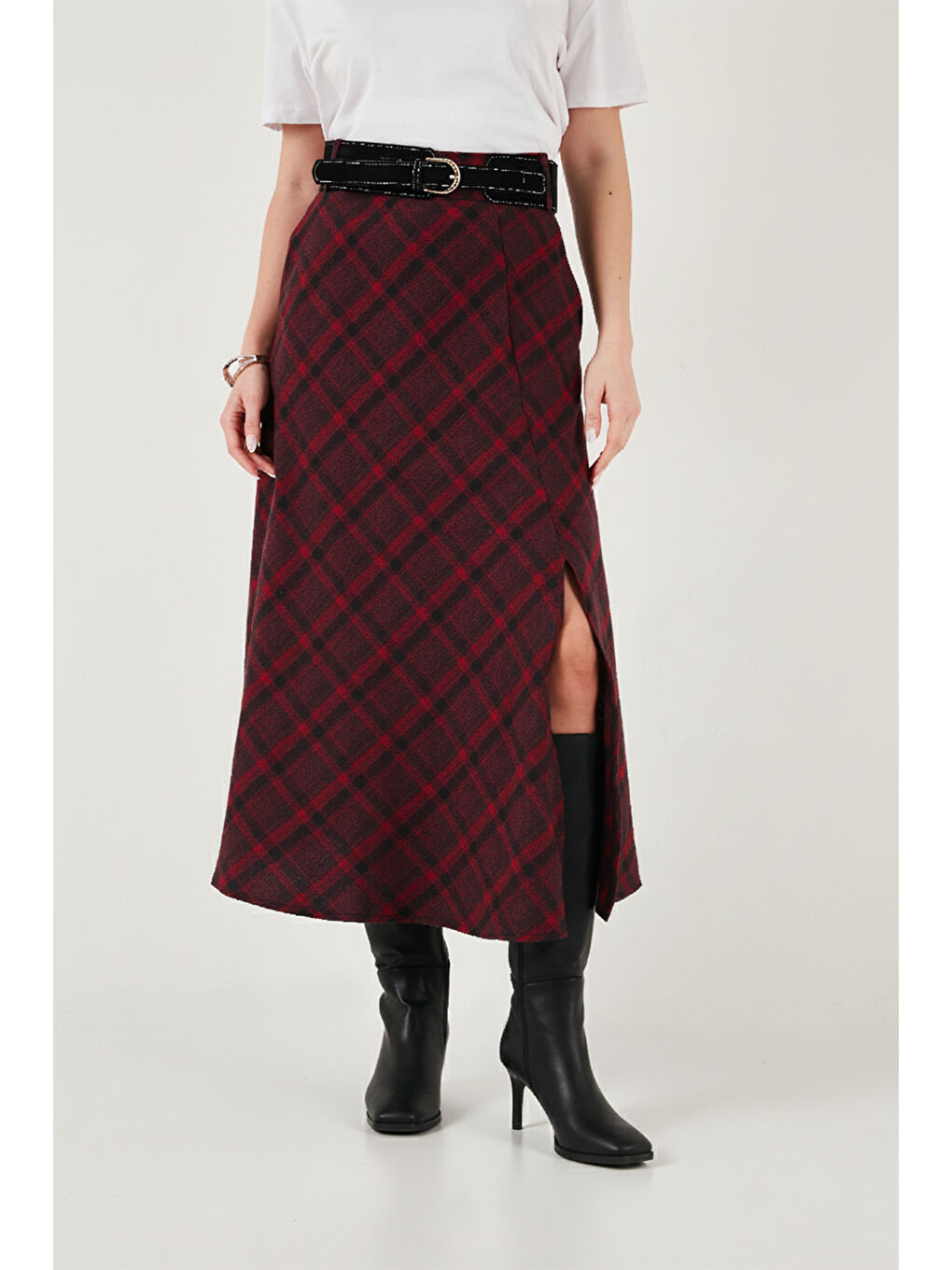 Mürdüm Pamuk Karışımlı Kemerli Cepli Kadın Midi Etek 6833365-3