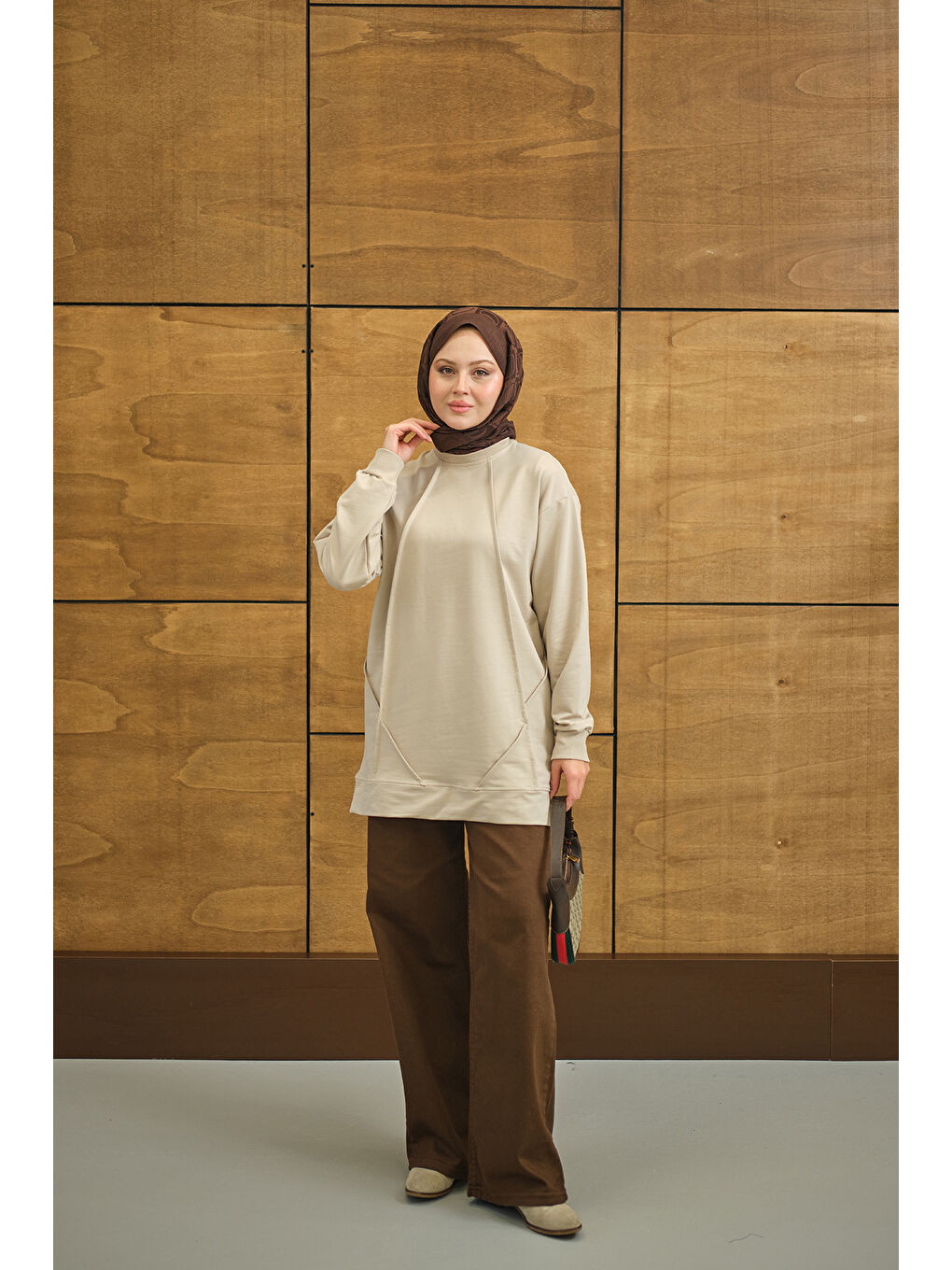 Ekru Kadın Önü Dikiş Detay Tunik Krem-1