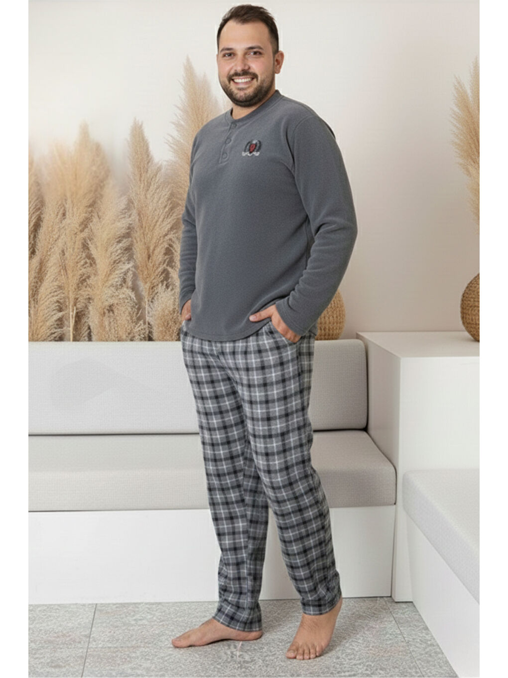 Gri Cepli Ekoseli Büyük Beden Erkek Polar Pijama Takımı 3446-1