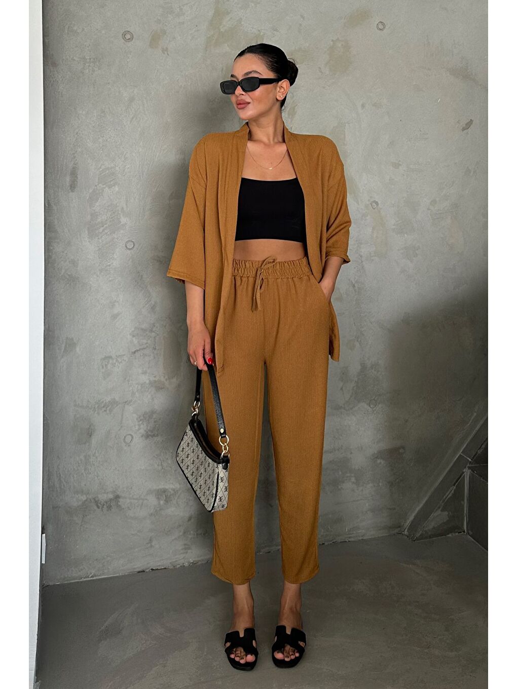 Kahverengi Kadın Camel Kimono Alt Üst Havuç Pantolon Takım