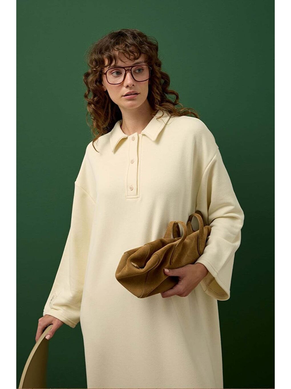 Ekru 3 İplik Yakalı Elbise-1