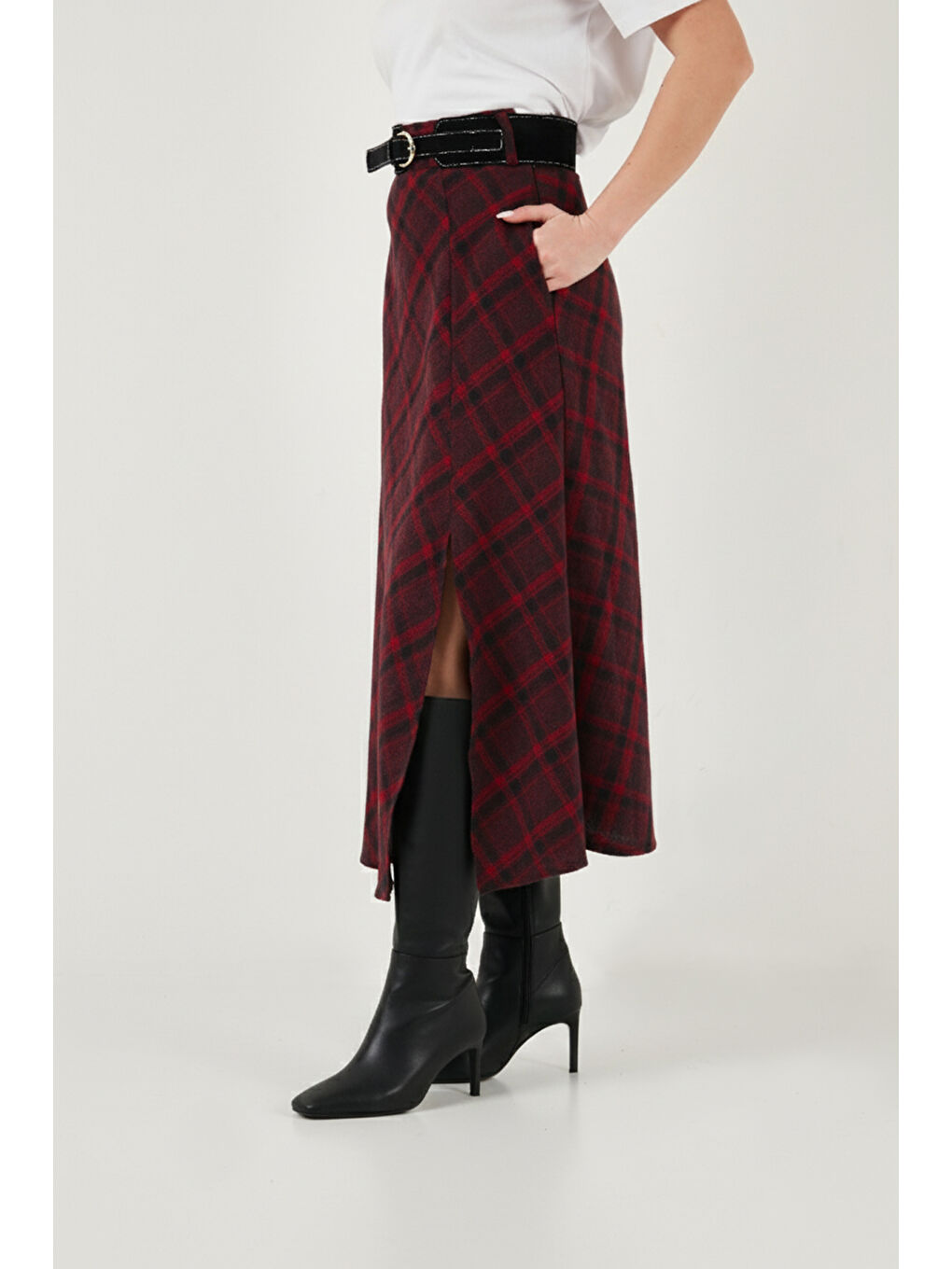 Mürdüm Pamuk Karışımlı Kemerli Cepli Kadın Midi Etek 6833365-4