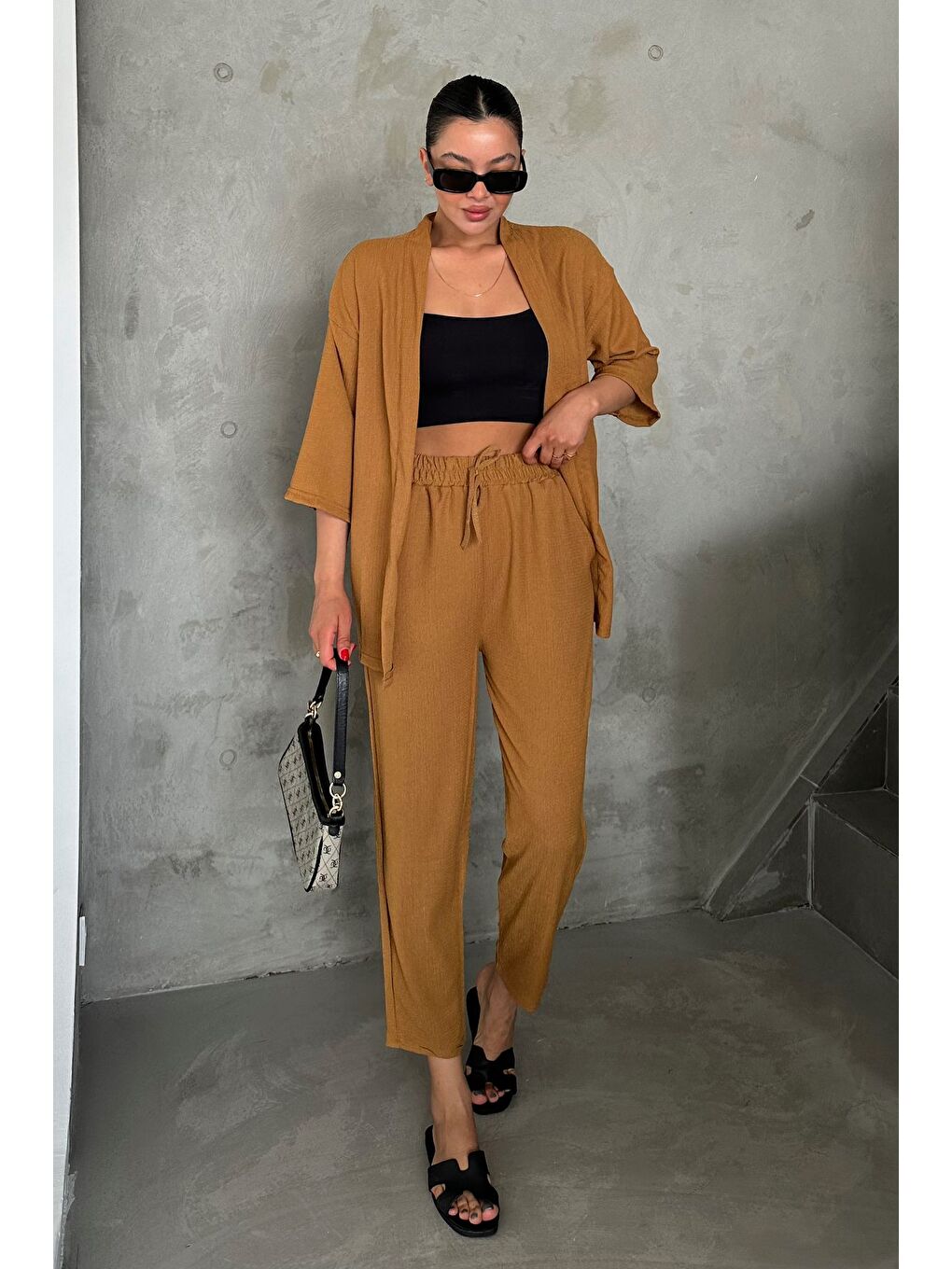 Kahverengi Kadın Camel Kimono Alt Üst Havuç Pantolon Takım-1