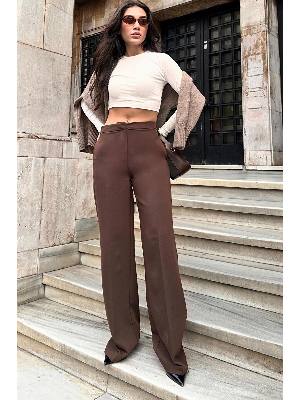 Kahverengi Yüksek Bel Kumaş Pantolon Mg2284-4
