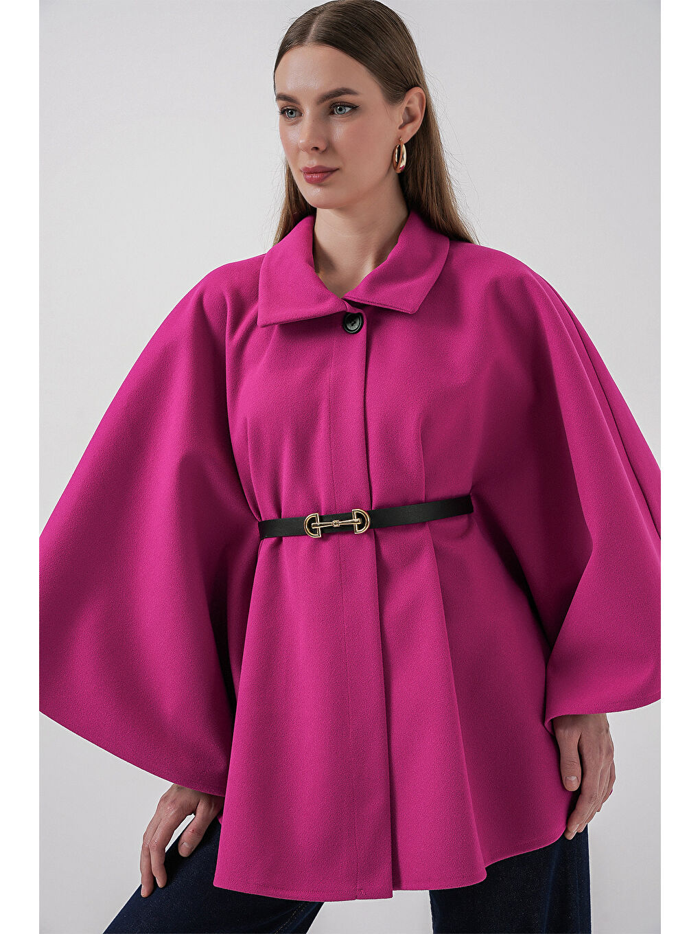 Petrol Kadın Kemerli Kaşe Panço 9170 - Koyu Pembe-3