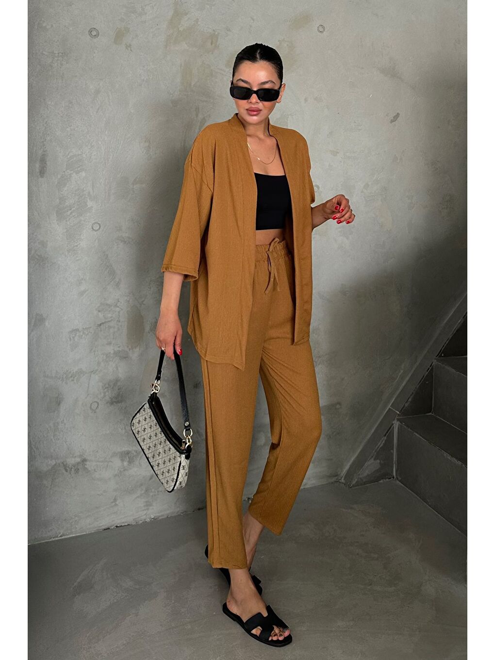 Kahverengi Kadın Camel Kimono Alt Üst Havuç Pantolon Takım-2