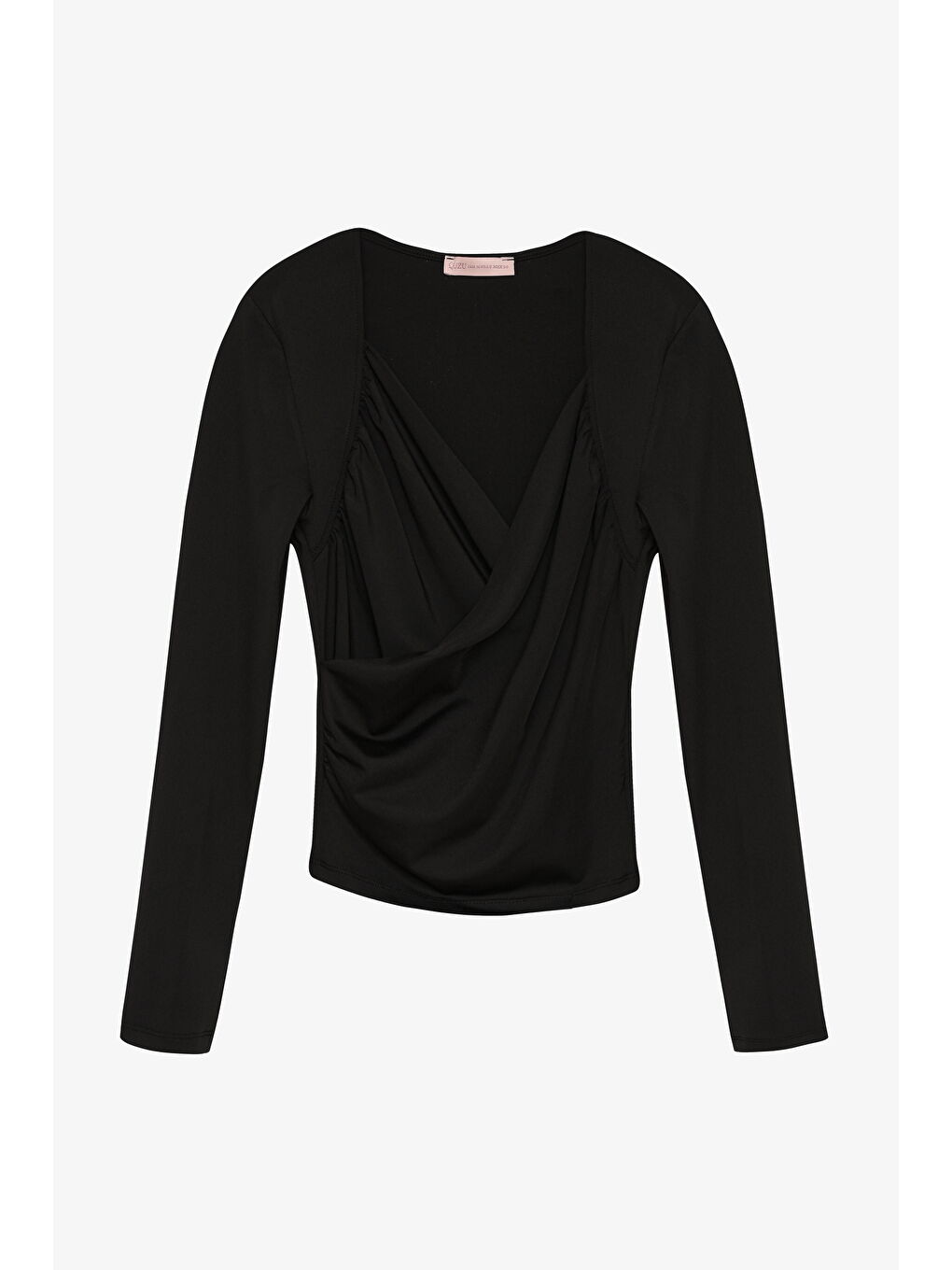 Kruvaze Yaka Drapeli Uzun Kollu Bluz Siyah
