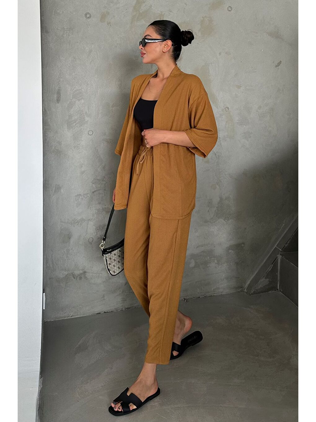 Kahverengi Kadın Camel Kimono Alt Üst Havuç Pantolon Takım-3