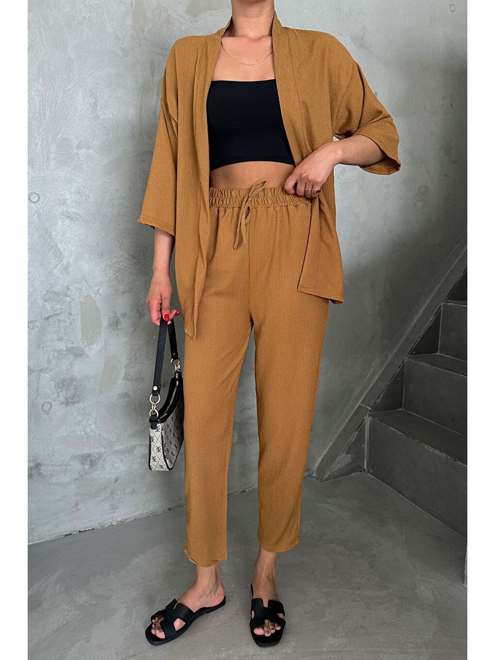 Kahverengi Kadın Camel Kimono Alt Üst Havuç Pantolon Takım-4