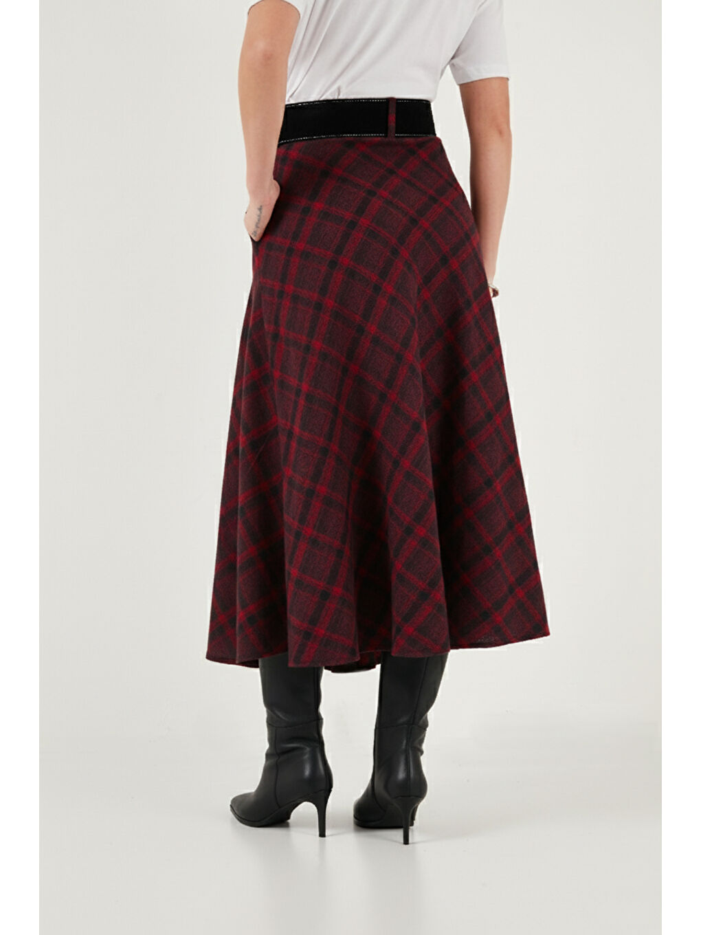 Mürdüm Pamuk Karışımlı Kemerli Cepli Kadın Midi Etek 6833365-5