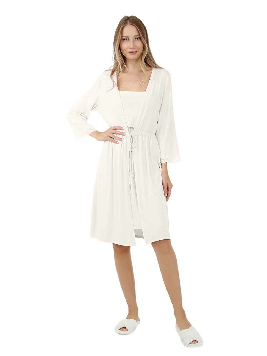 Ekru Kadın Dantelli Sabahlıklı Hamile Pijama 2'Li