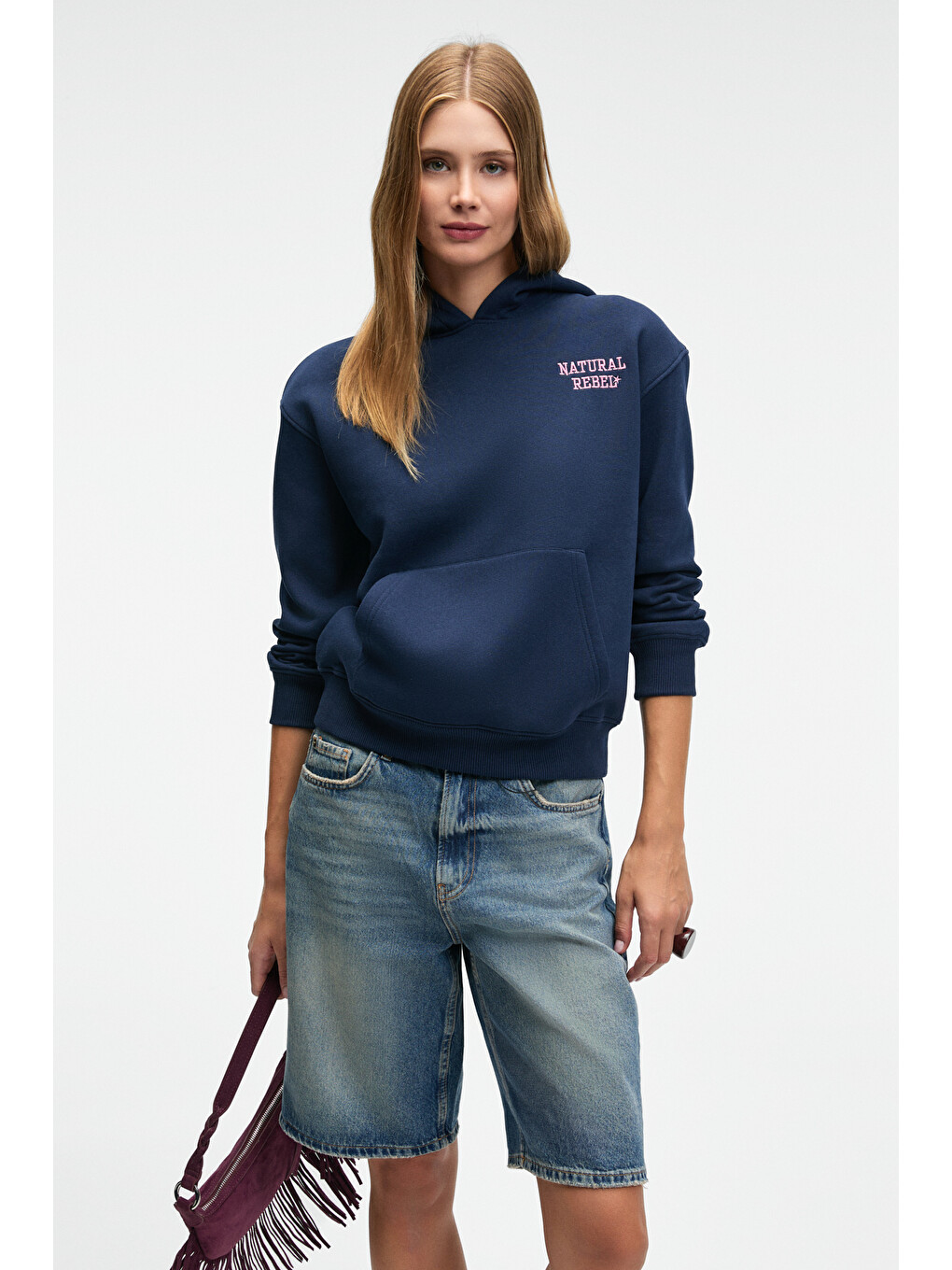 Yumea Kadın Oversize Kapüşonlu Baskılı Lacivert Sweatshirt