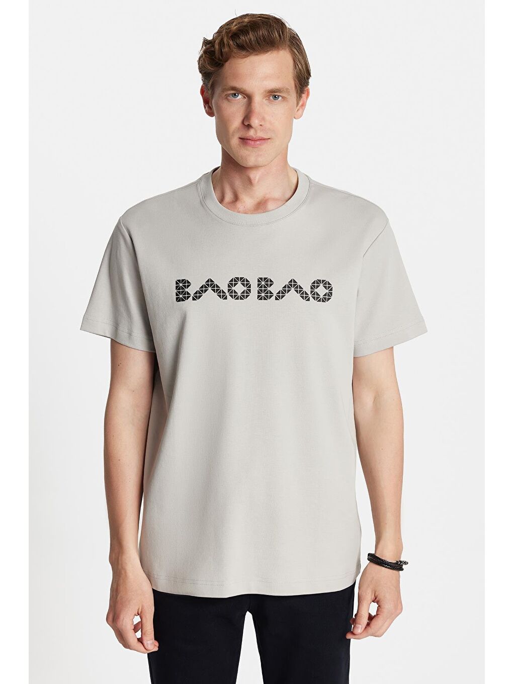 Bej Relax Fit Rahat Kesim Pamuklu Ön Ve Arka Baskı Detaylı Bisiklet Yaka Taş Erkek Tişört-3