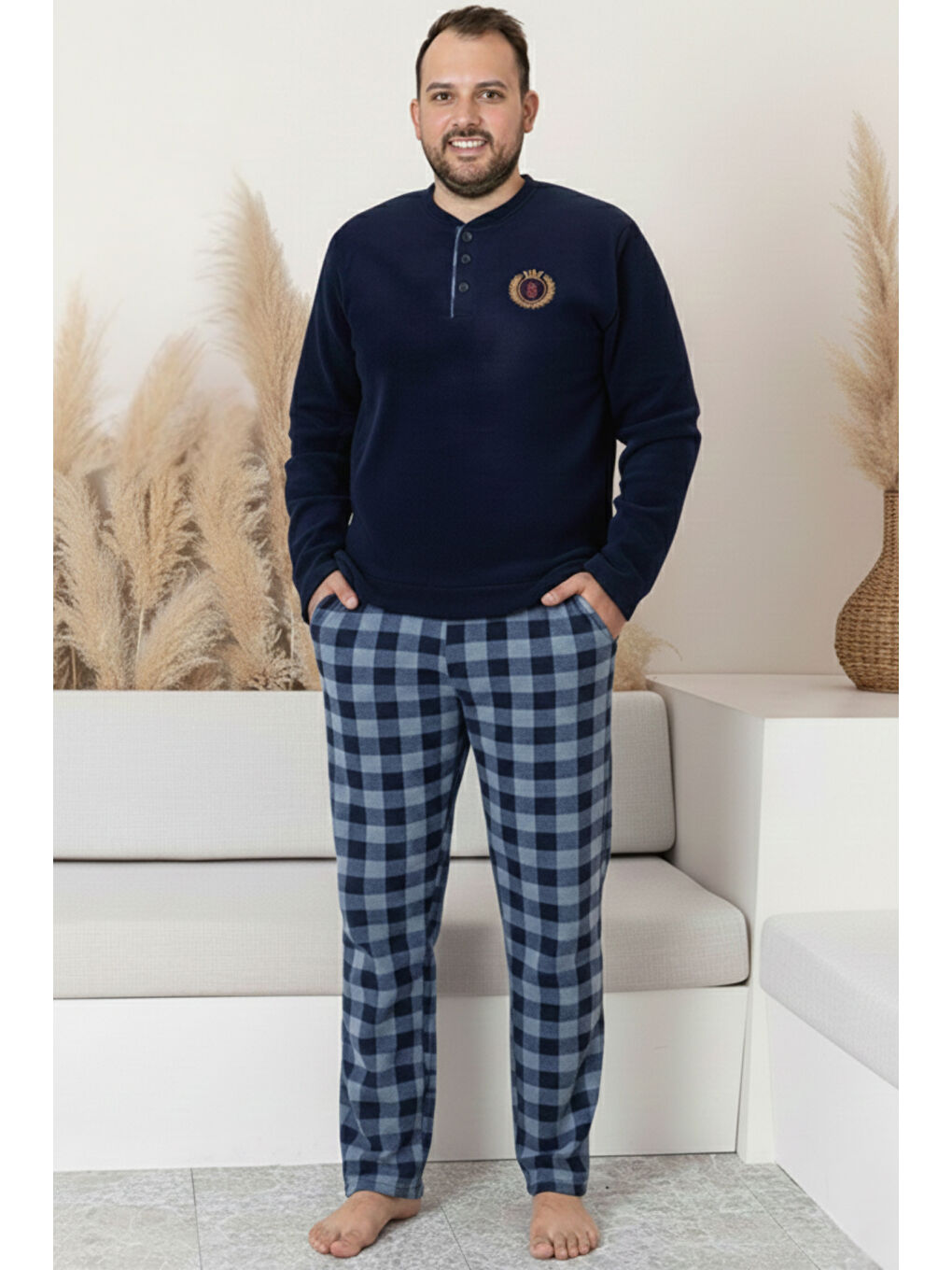 Lacivert Cepli Ekoseli Büyük Beden Erkek Polar Pijama Takımı 3446