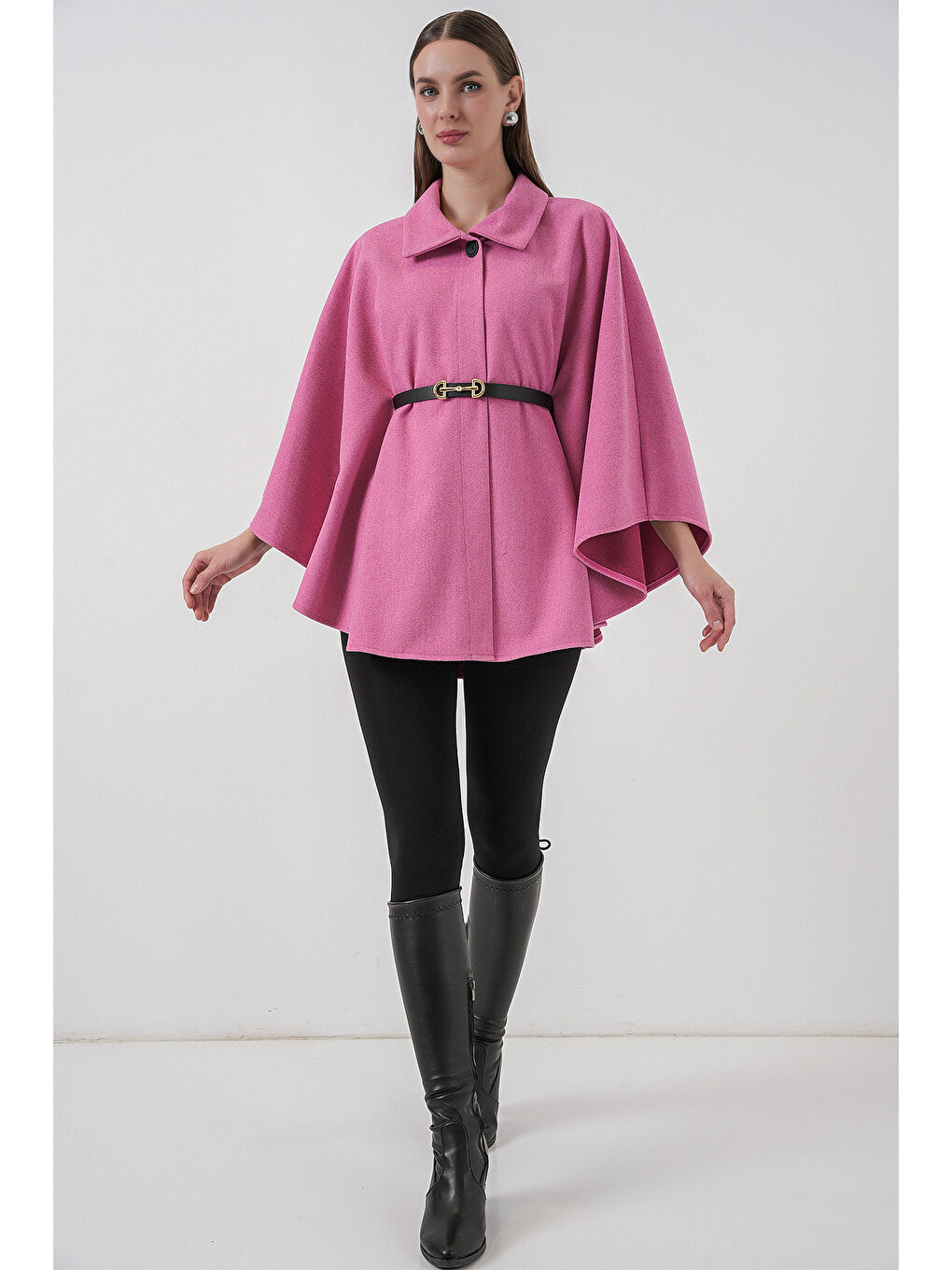Kadın Kemerli Kaşe Panço 9170 - Pembe-1