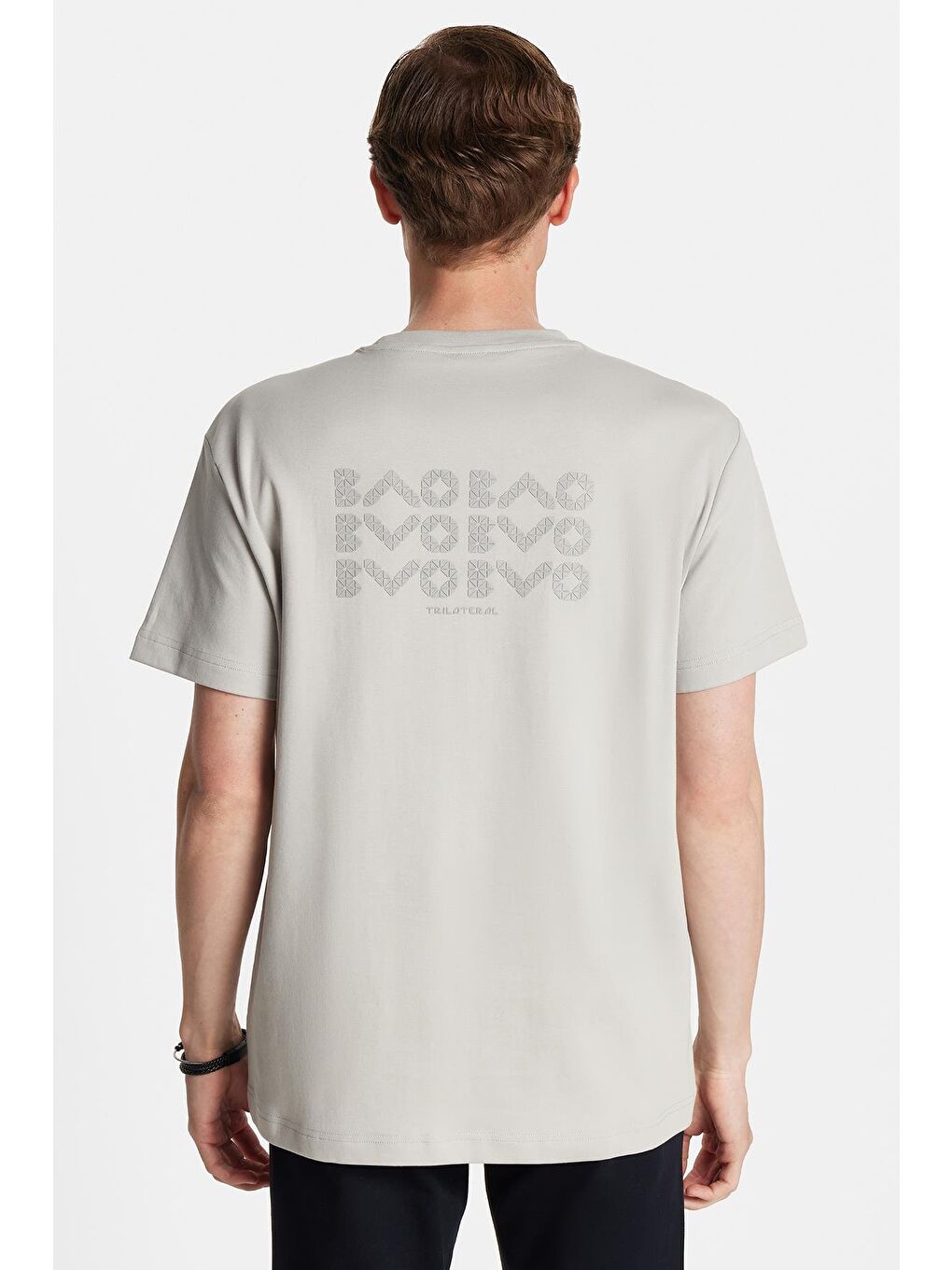 Bej Relax Fit Rahat Kesim Pamuklu Ön Ve Arka Baskı Detaylı Bisiklet Yaka Taş Erkek Tişört-4