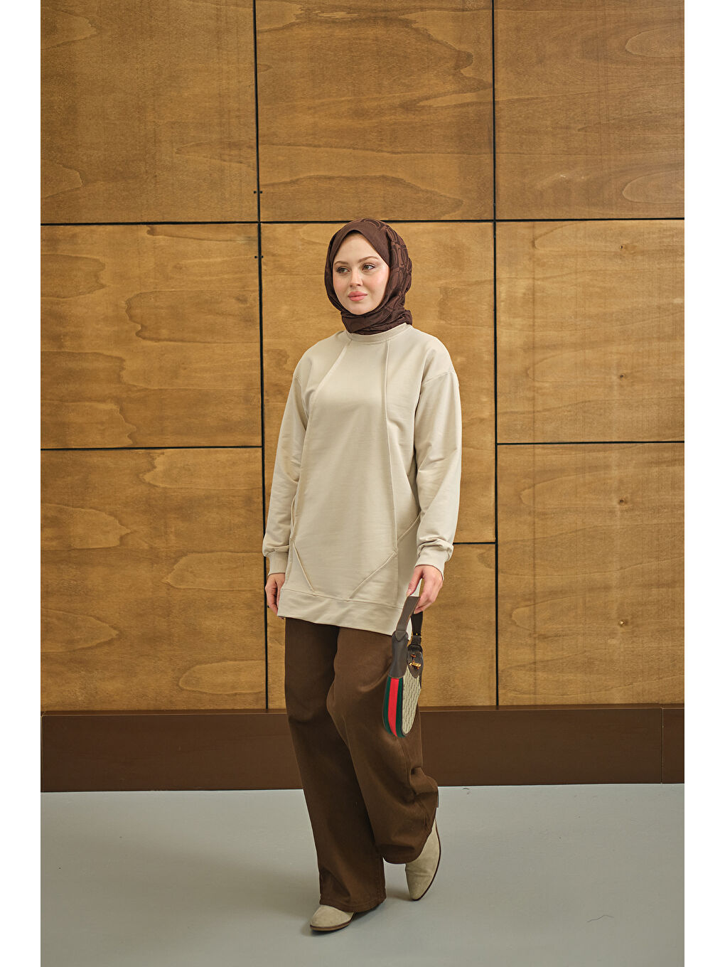 Ekru Kadın Önü Dikiş Detay Tunik Krem-2