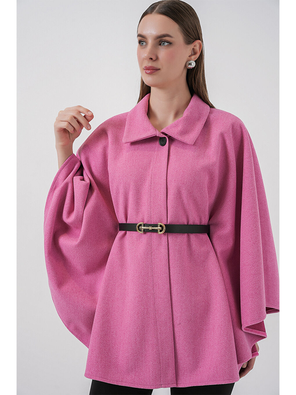 Kadın Kemerli Kaşe Panço 9170 - Pembe-2