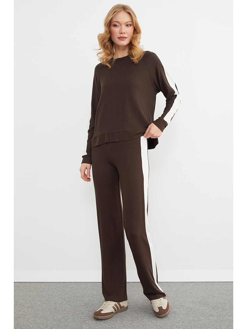 Kahverengi Basic Bisiklet Yaka Şeritli Modal 2 Li Takım