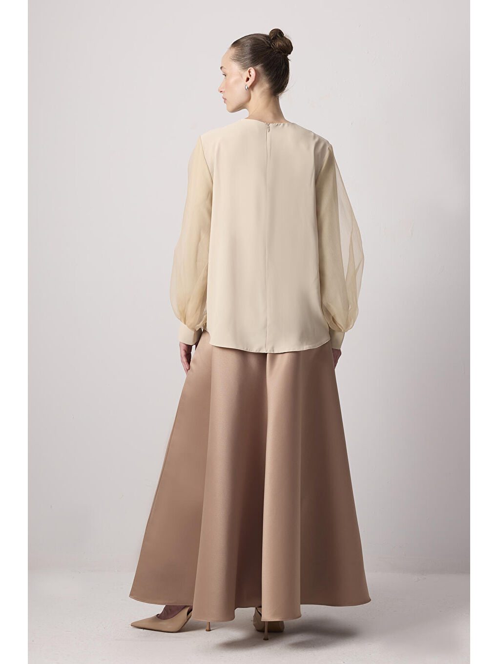 Bej Organze Garnili Balon Kol Bluz-3