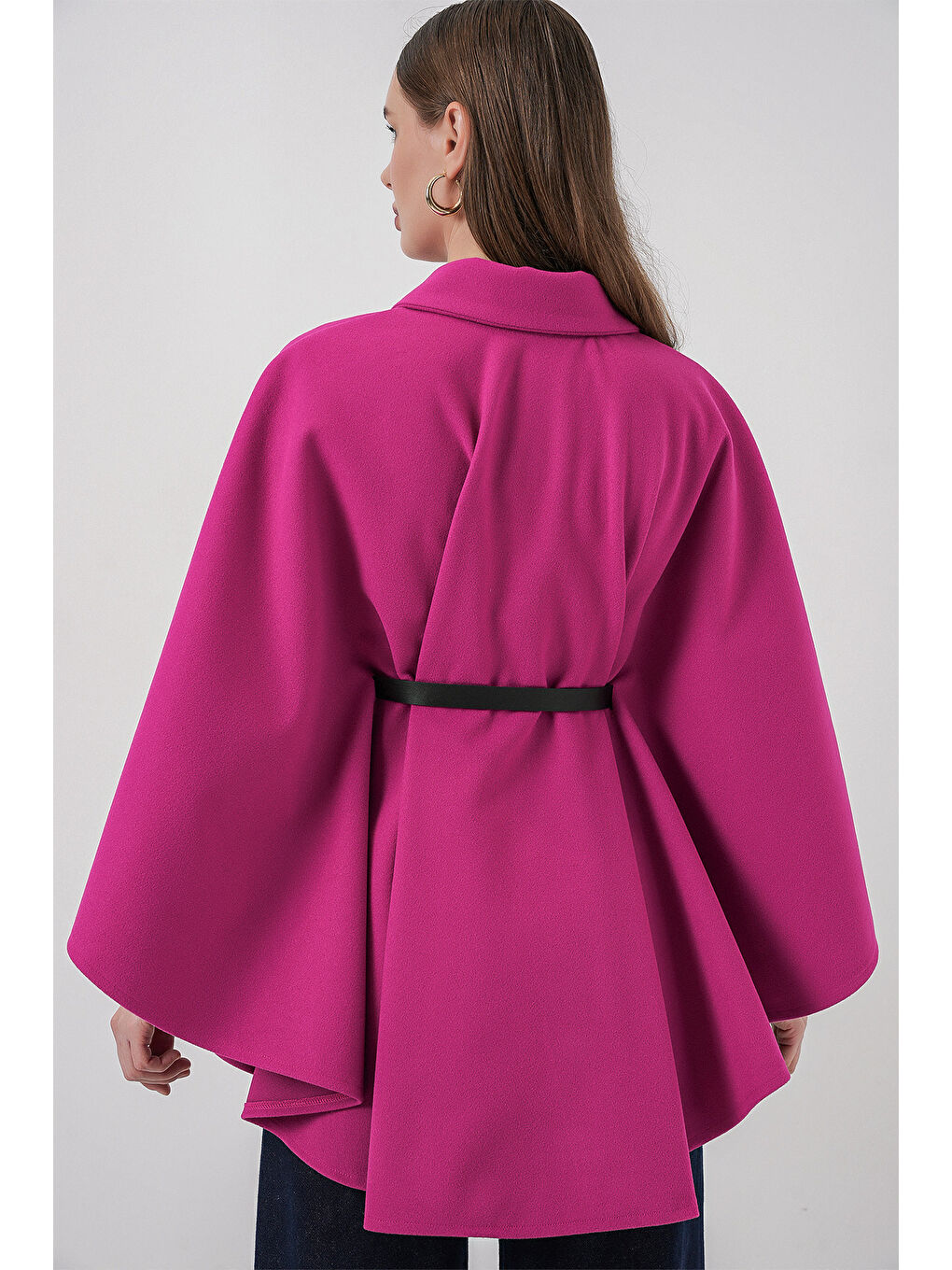 Petrol Kadın Kemerli Kaşe Panço 9170 - Koyu Pembe-5