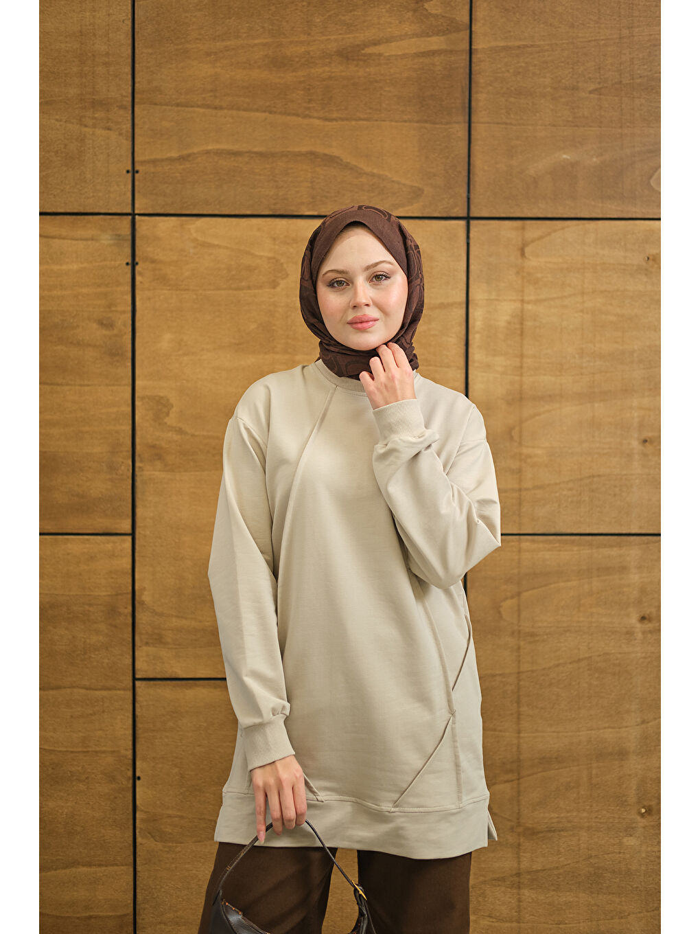 Ekru Kadın Önü Dikiş Detay Tunik Krem-3