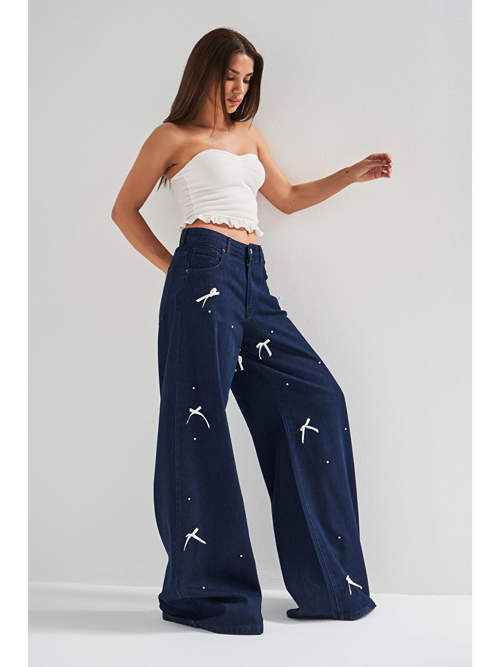 Kadın İndigo Renk 7s5-50 Palazzo Fit Taş Fiyonk Detaylı %100 Pamuk Tasarım Denim Jean-1