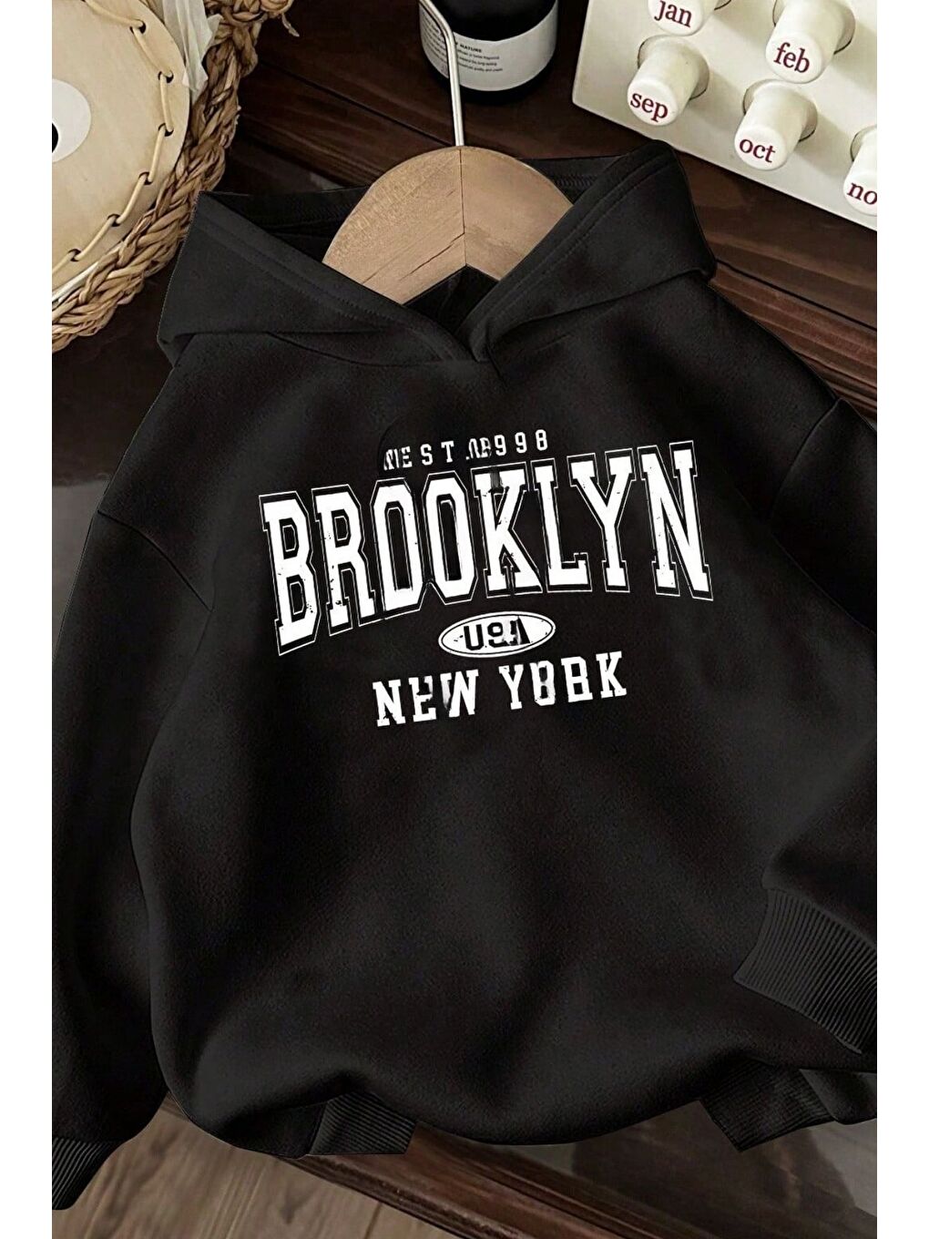 Trendseninle Unisex Siyah Oversize Brooklyn Usa Newyork Baskılı Kapüşonlu Sweatshirt Hoodie