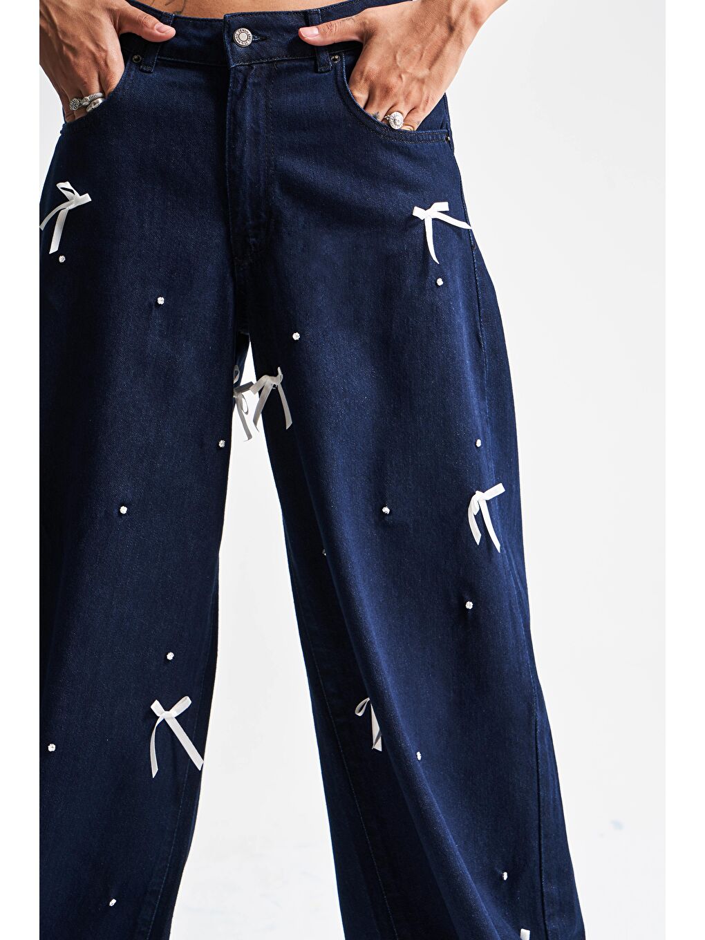 Kadın İndigo Renk 7s5-50 Palazzo Fit Taş Fiyonk Detaylı %100 Pamuk Tasarım Denim Jean-2