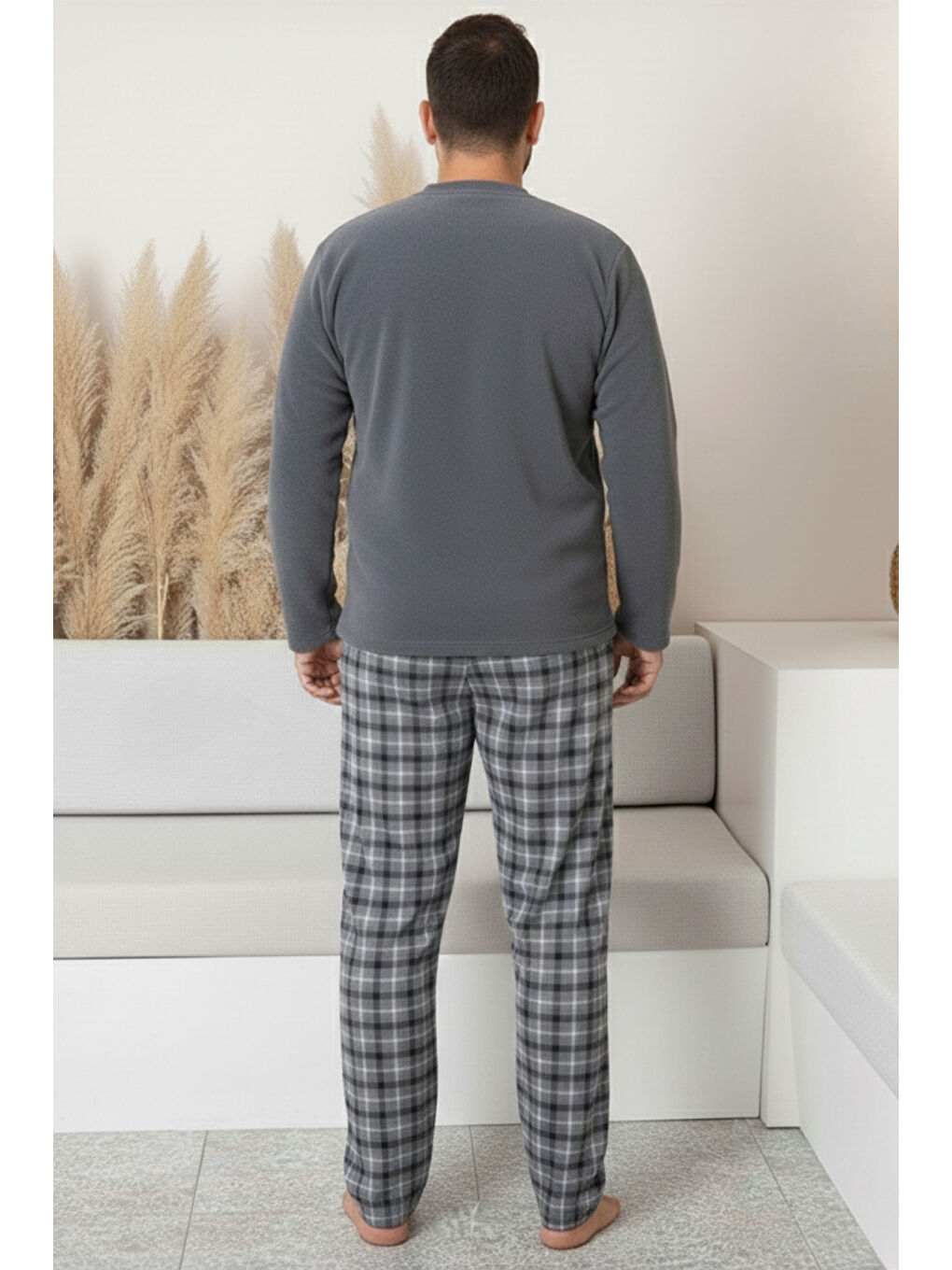 Gri Cepli Ekoseli Büyük Beden Erkek Polar Pijama Takımı 3446-4