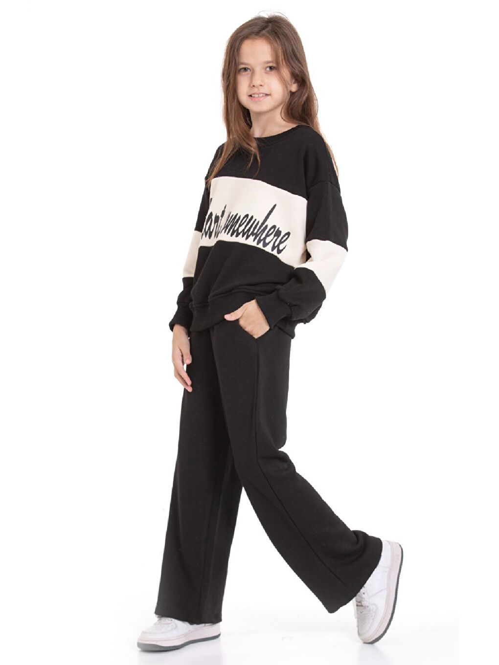 Siyah Kız Çocuk 3 İplik ve Şardonsuz Eşofman Takımı 5-9 Yaş 12487