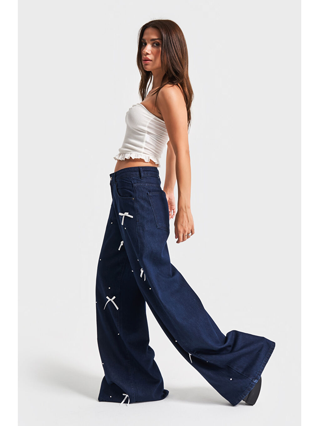 Kadın İndigo Renk 7s5-50 Palazzo Fit Taş Fiyonk Detaylı %100 Pamuk Tasarım Denim Jean-3