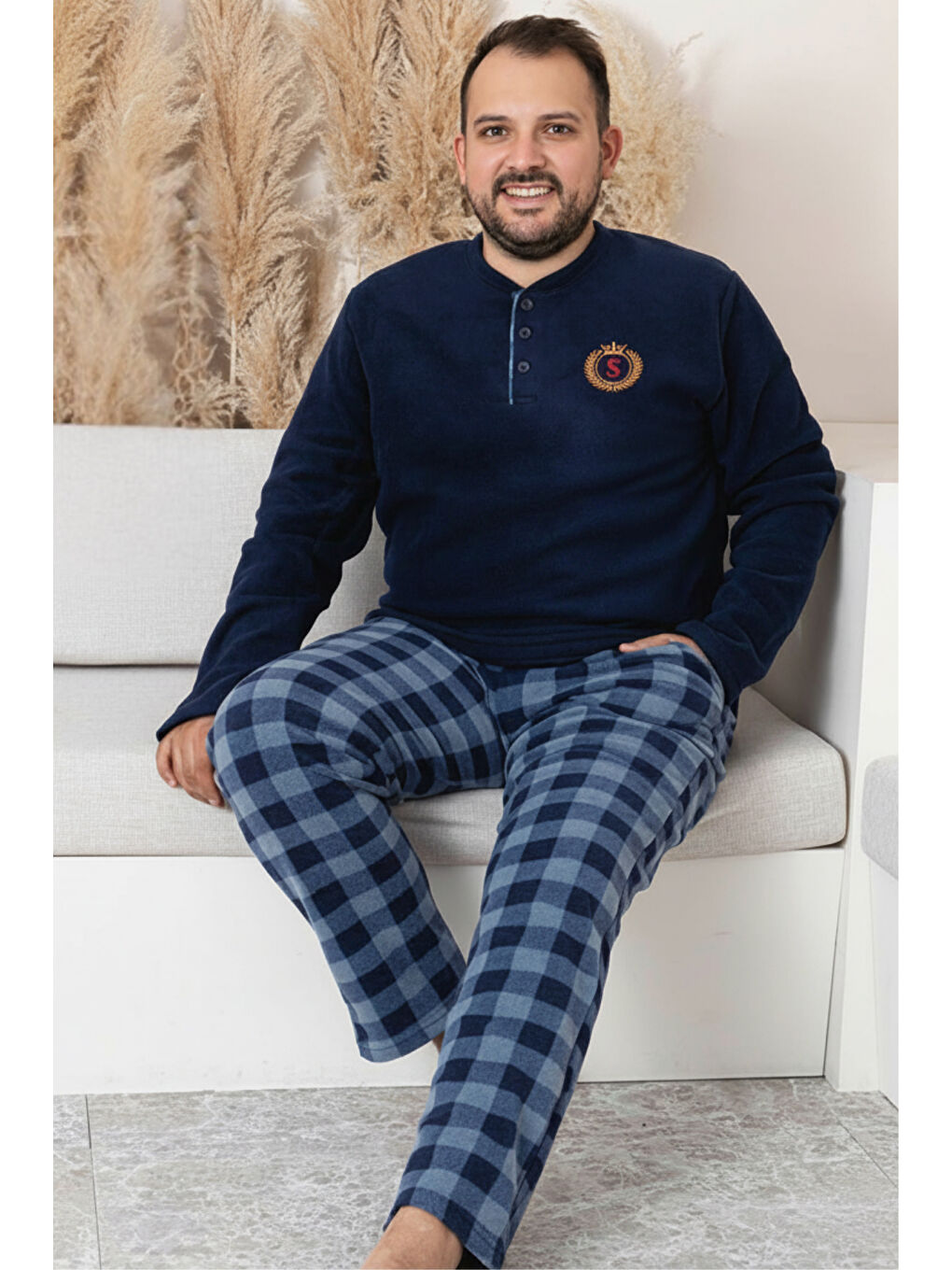 Lacivert Cepli Ekoseli Büyük Beden Erkek Polar Pijama Takımı 3446-1