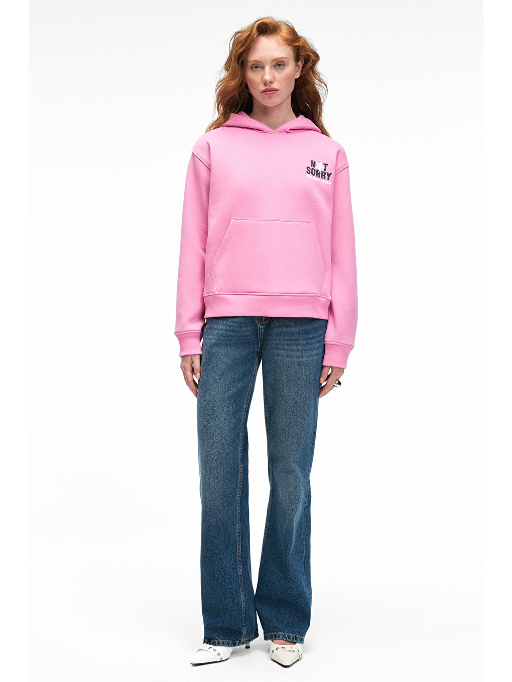Yumea Kadın Oversize Kapüşonlu Baskılı Pembe Sweatshirt