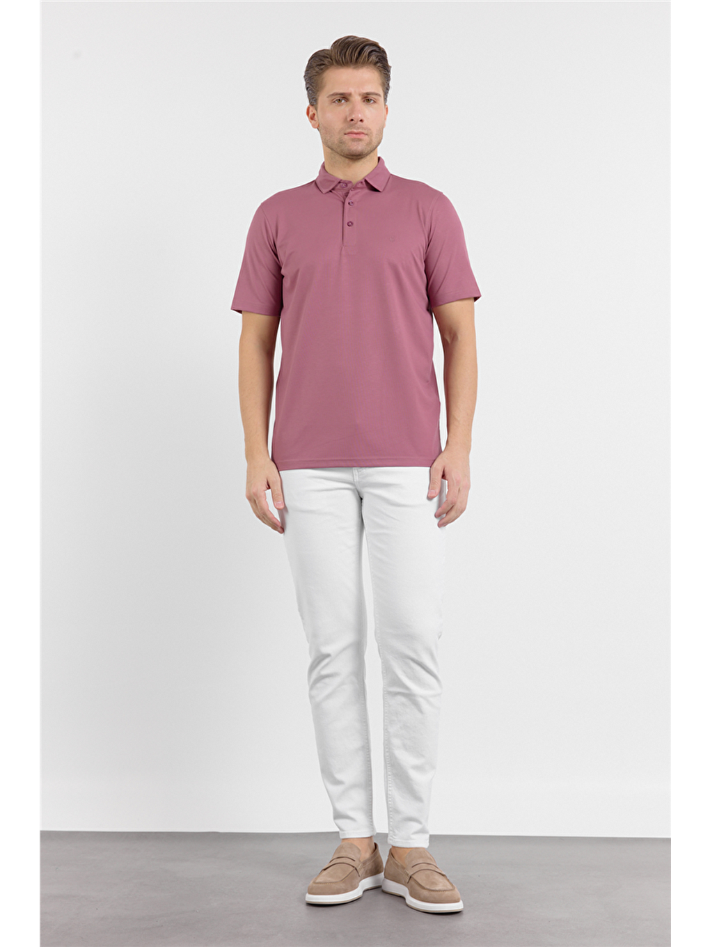 Pembe İtalyan Yaka Kısa Kol Cepsiz Comfort Fit Esnek Tişört 1011260156-1