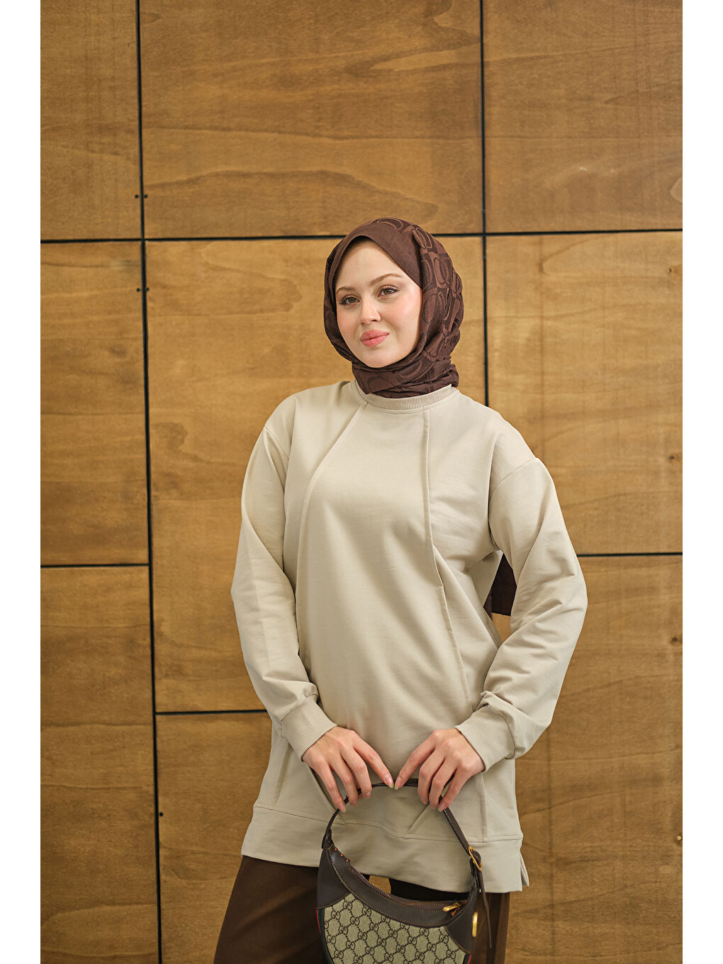 Ekru Kadın Önü Dikiş Detay Tunik Krem-4