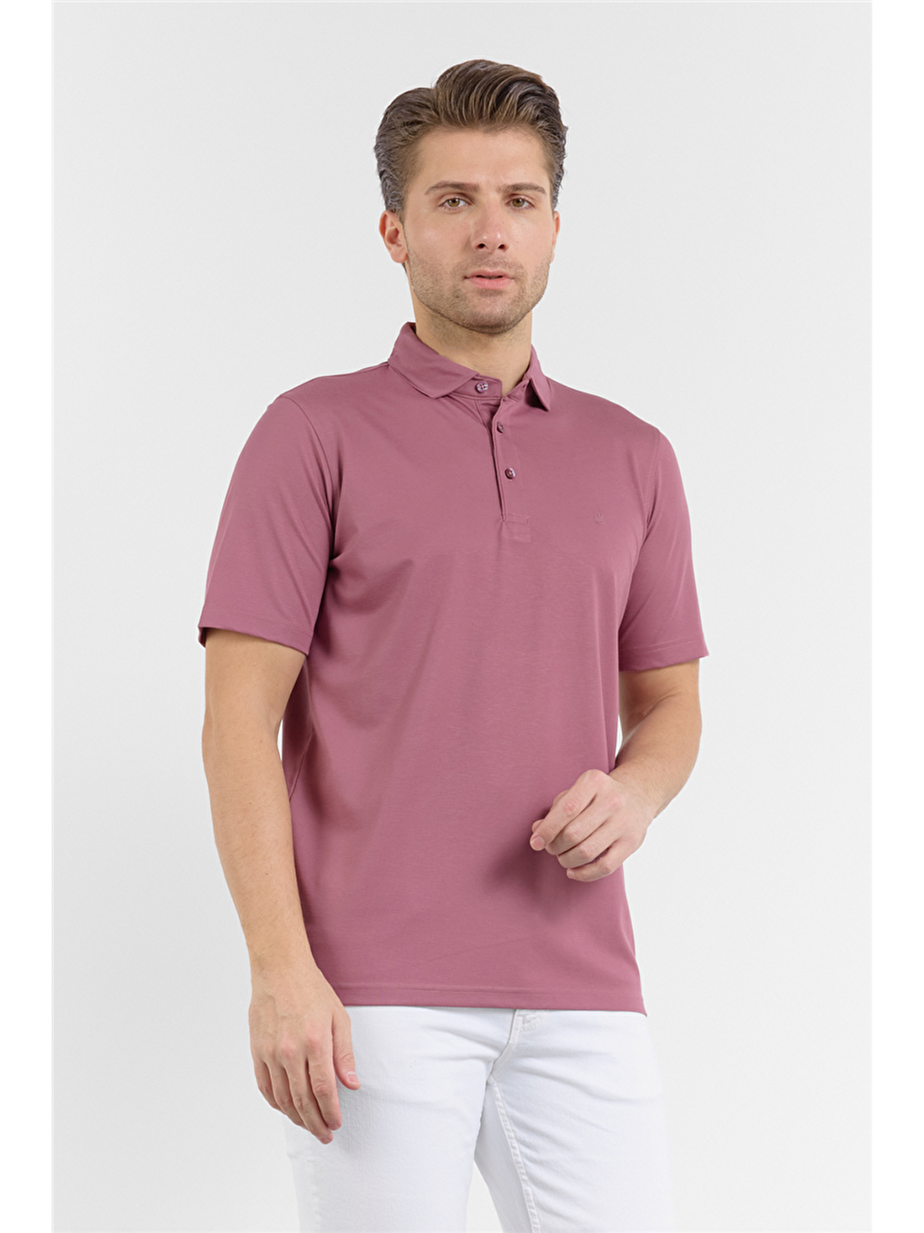 Pembe İtalyan Yaka Kısa Kol Cepsiz Comfort Fit Esnek Tişört 1011260156-2
